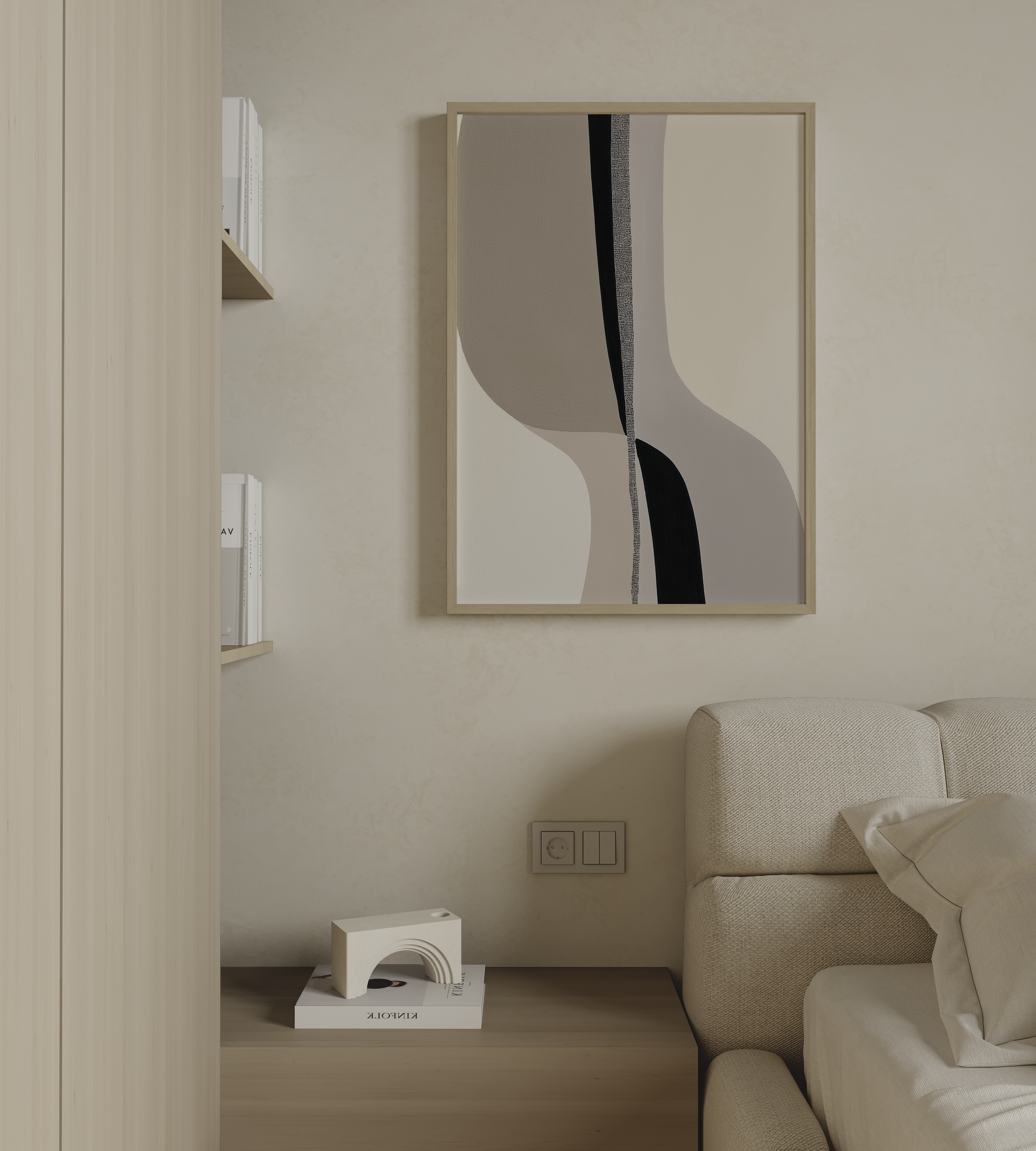 יצירת אמנות מופשטת ממוסגרת בגווני חול ושמנת עם קו שחור אנכי וקומפוזיציה מינימליסטית מודרנית