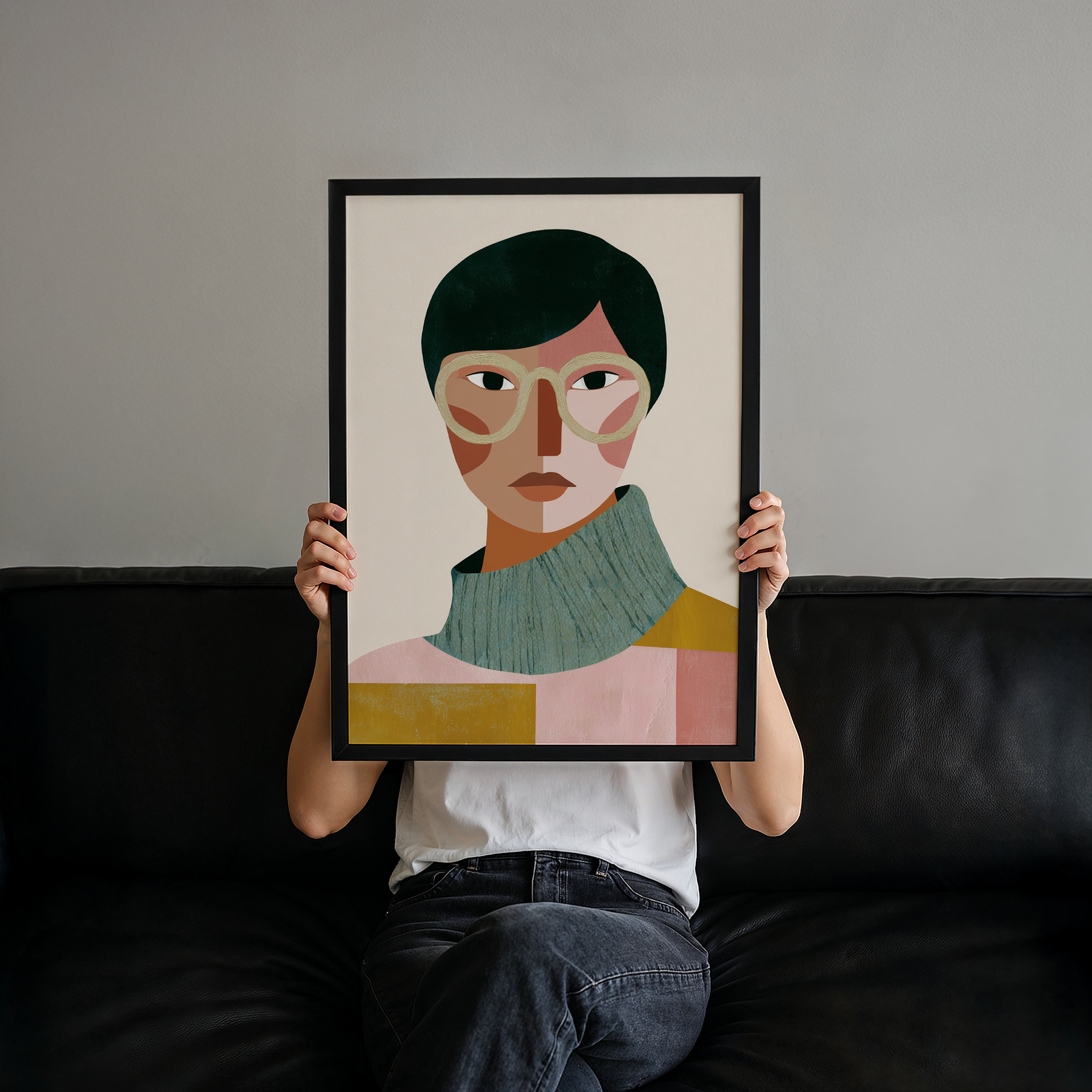 דיוקן גיאומטרי מודרני בשם Lioren בצבעי ורוד, חרדל ותכלת, דמות עם משקפיים גדולים ומבט רגוע.