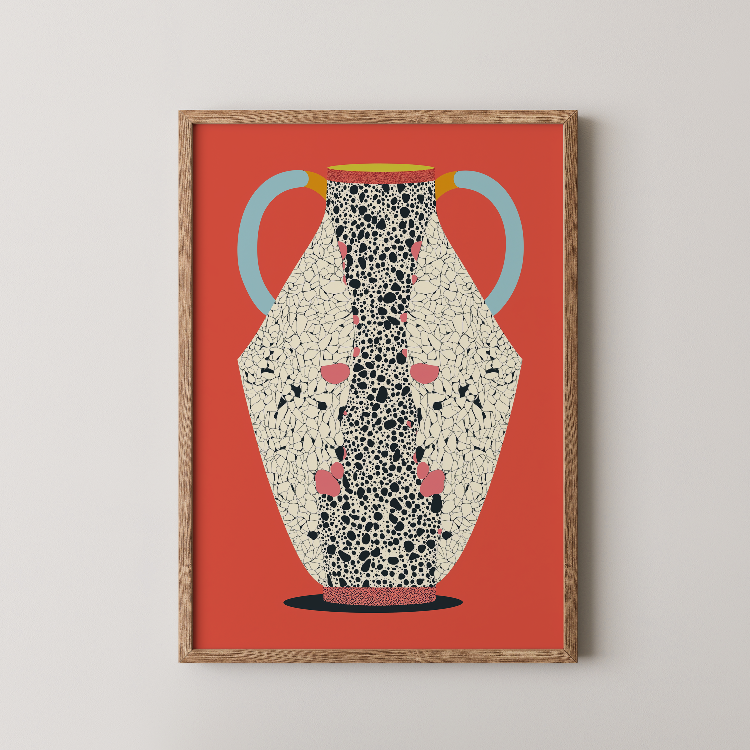 הדפס אמנותי מינימליסטי בהשראת כלי חרס עם דוגמת טרצו שחור ורקע אדמדם, יצירה בשם Tavora