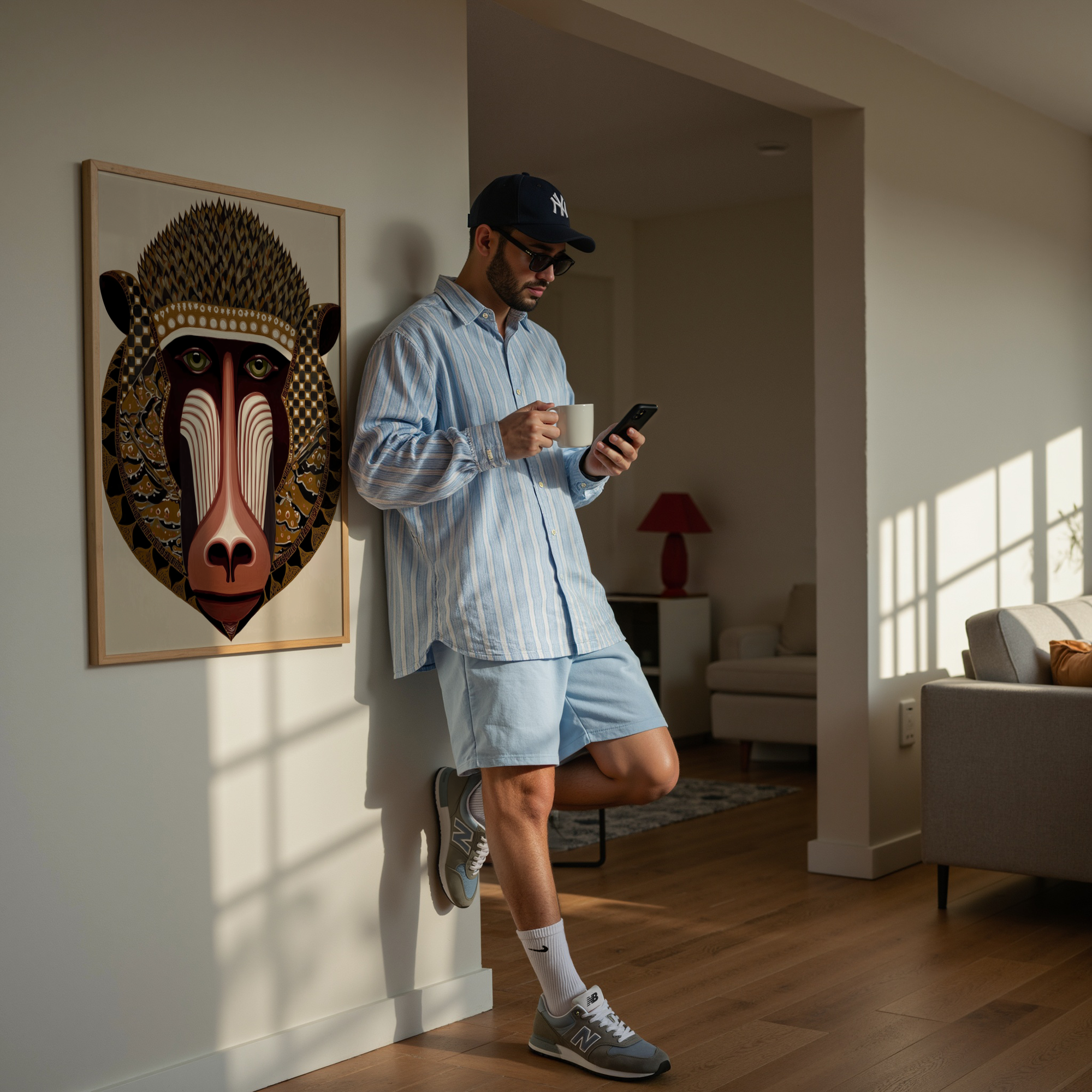 יצירת אמנות בסגנון שבטי–גיאומטרי עם דמות טוטם מפורטת בצבעי חום וזהב.