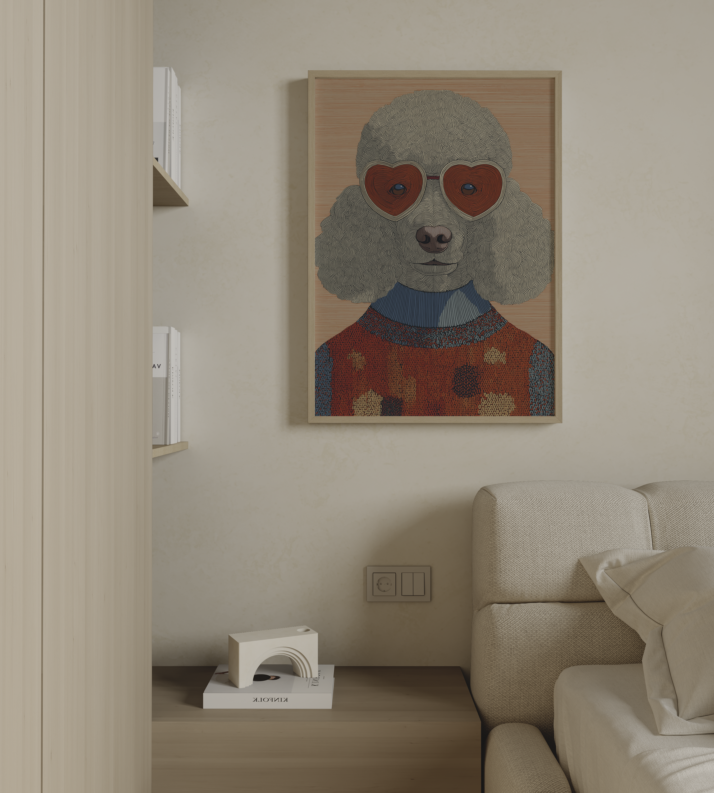 Titto איור פודל עם משקפי לב אדומים וסריג בגוונים חמים, בסגנון מודרני וממוסגר בחלל מינימליסטי