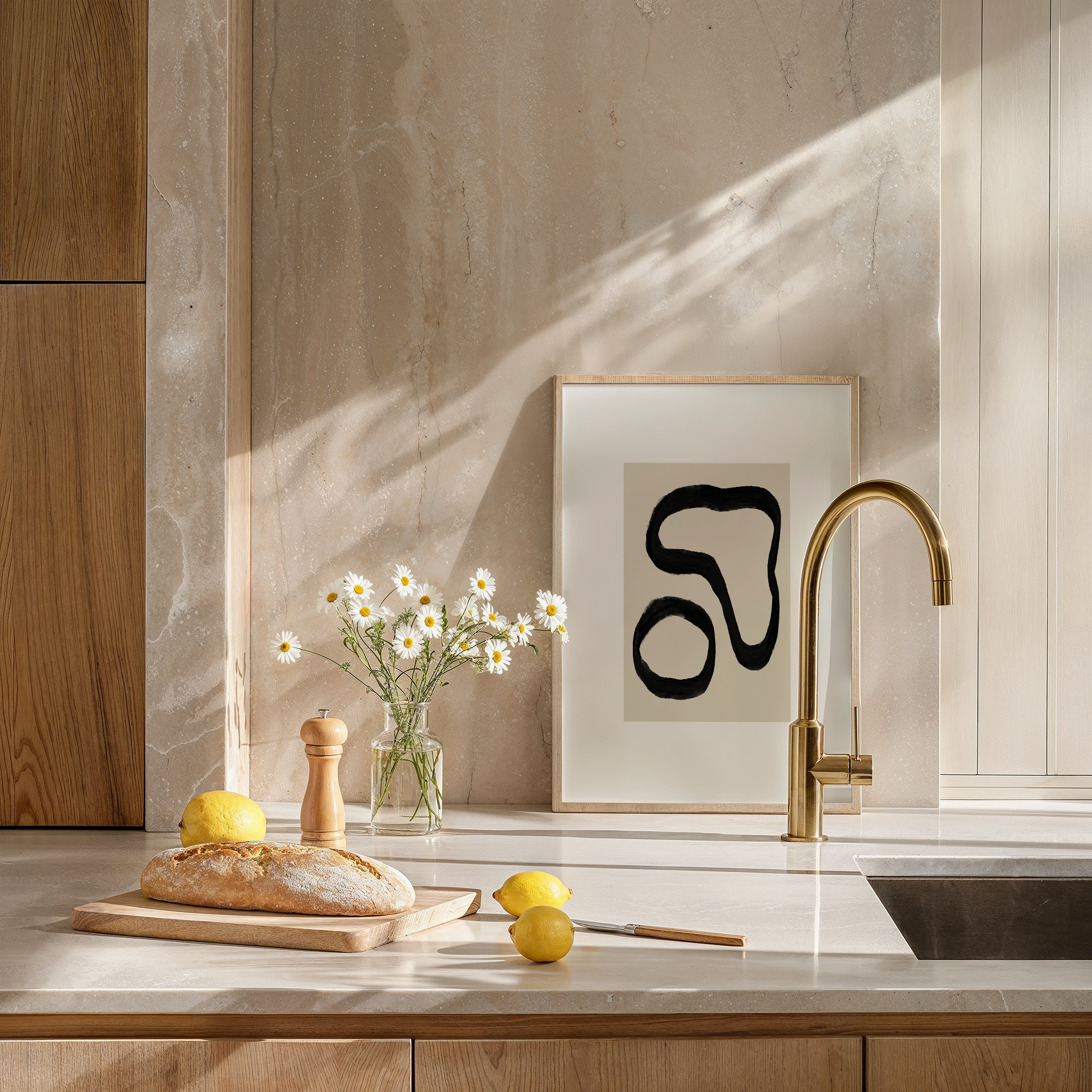 יצירה מינימליסטית בקווים שחורים מופשטים על רקע בגוון ניטרלי – Elvoro.