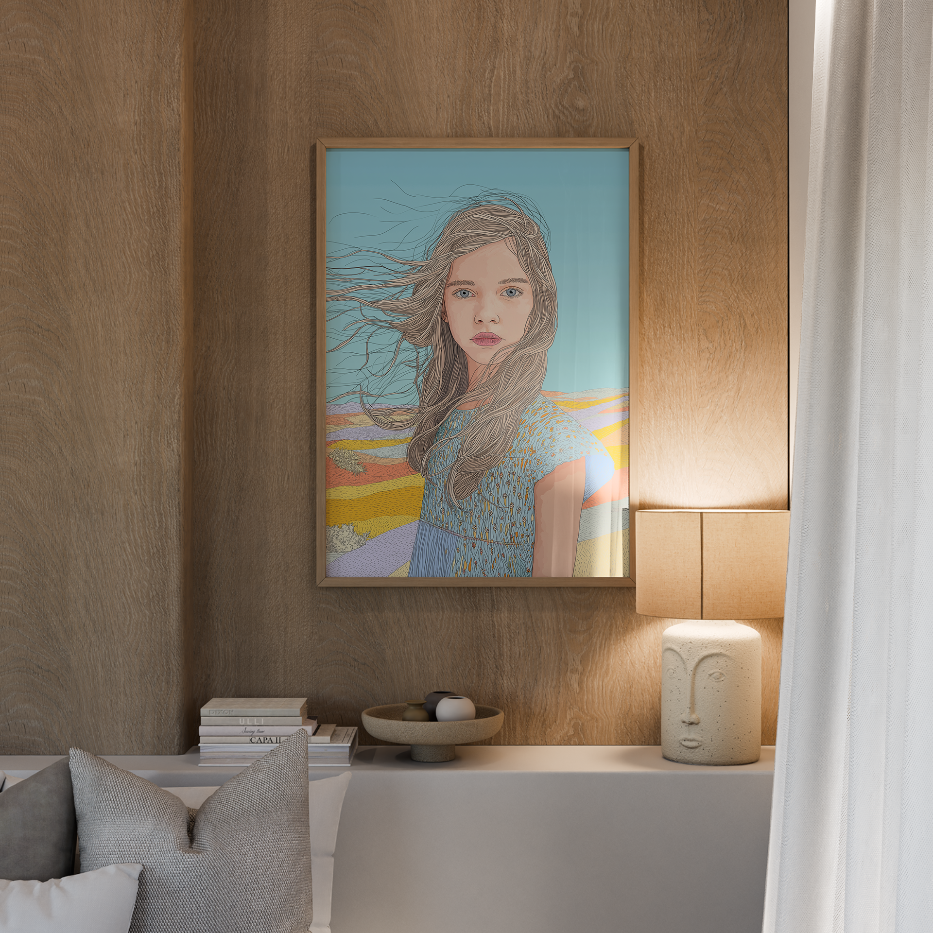 יצירת קיר Sel – דמות נשית ברוח פתוחה מול נוף טבעי בגוונים רכים, בסגנון מינימליסטי ואוורירי