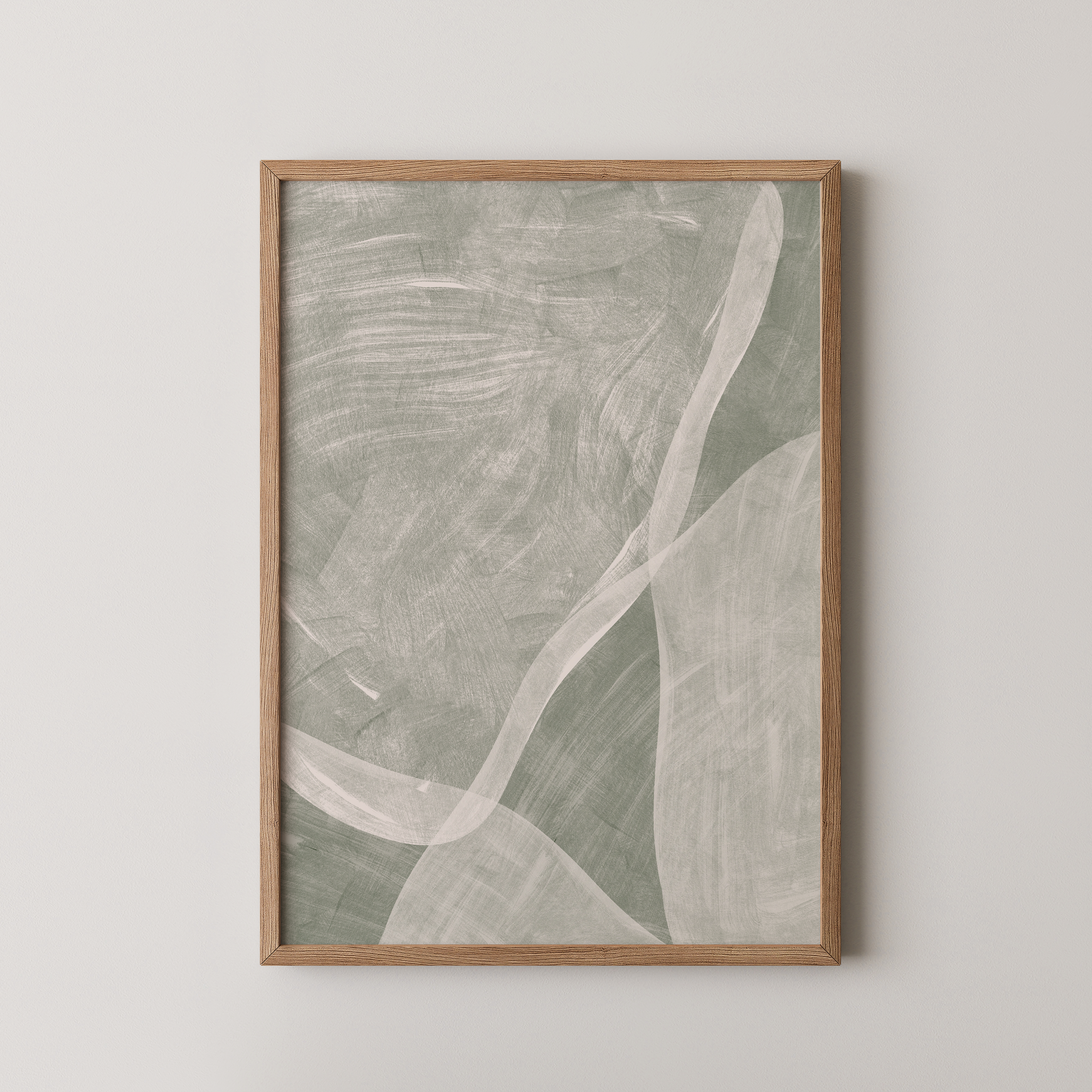 יצירת אמנות אבסטרקטית בגווני ירוק מרווה עם טקסטורה עדינה במסגרת לבנה