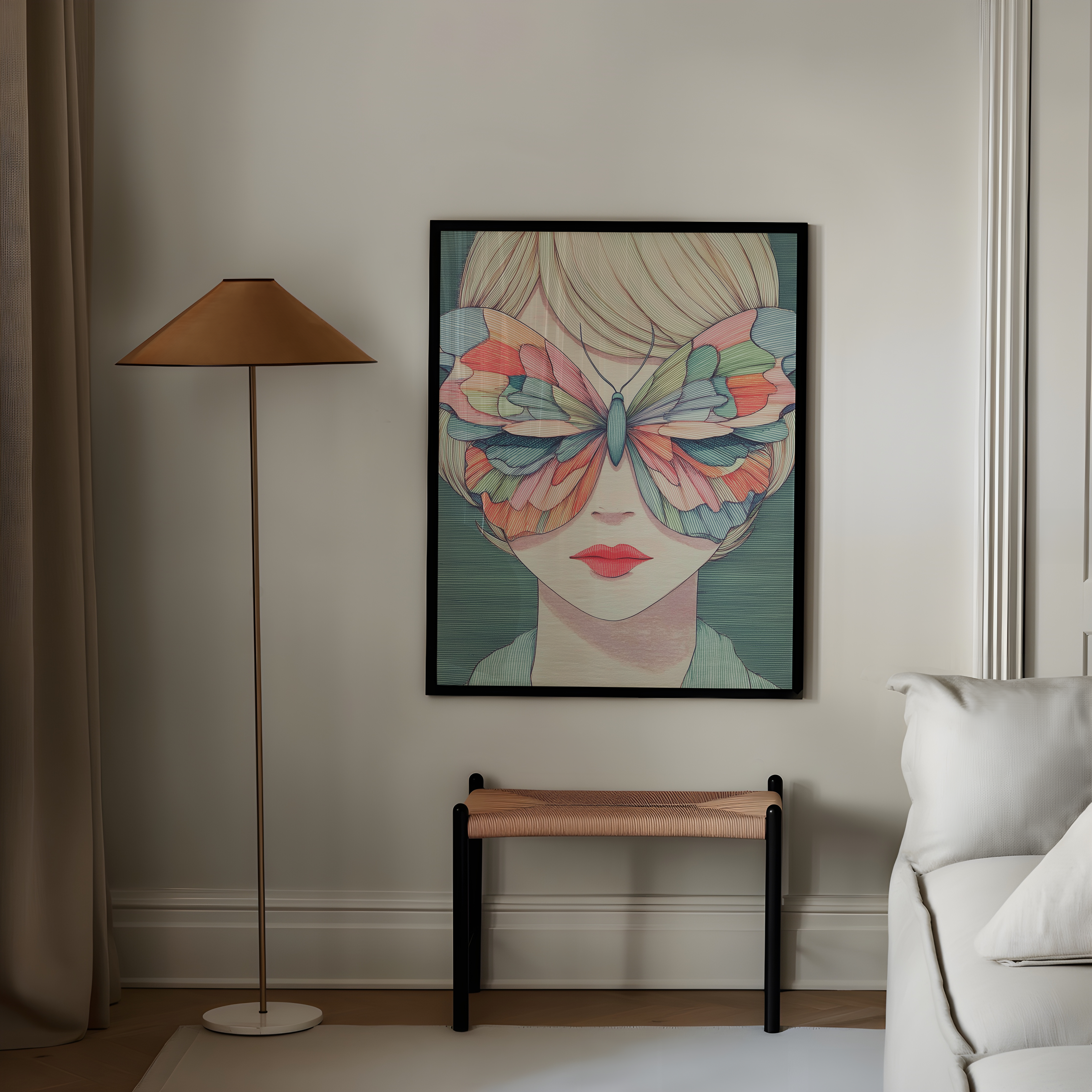 יצירת קיר Papill עם דמות נשית ופרפר צבעוני על הפנים בגוונים רכים