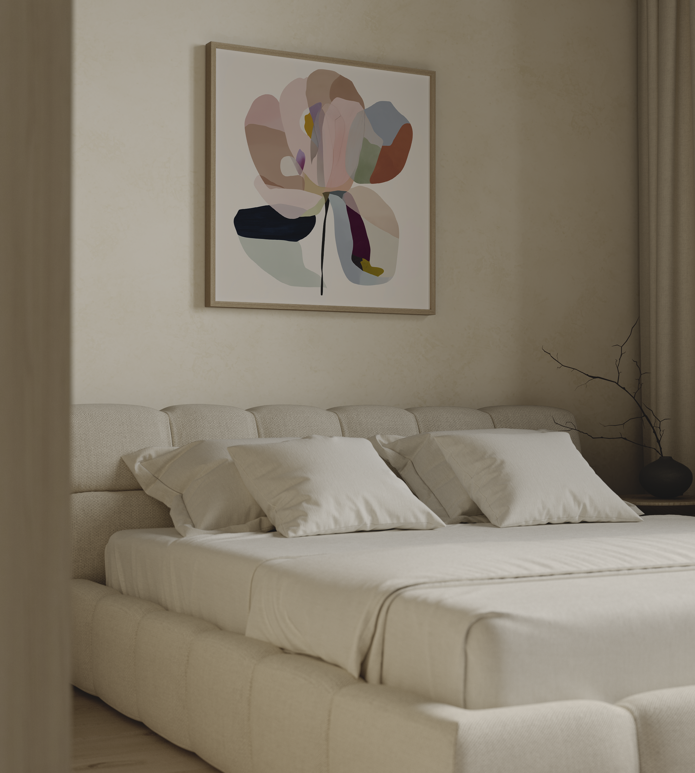 יצירה ממוסגרת Velia בסגנון מופשט, בגוונים טבעיים ורכים, תלויה בחלל שקט ומודרני