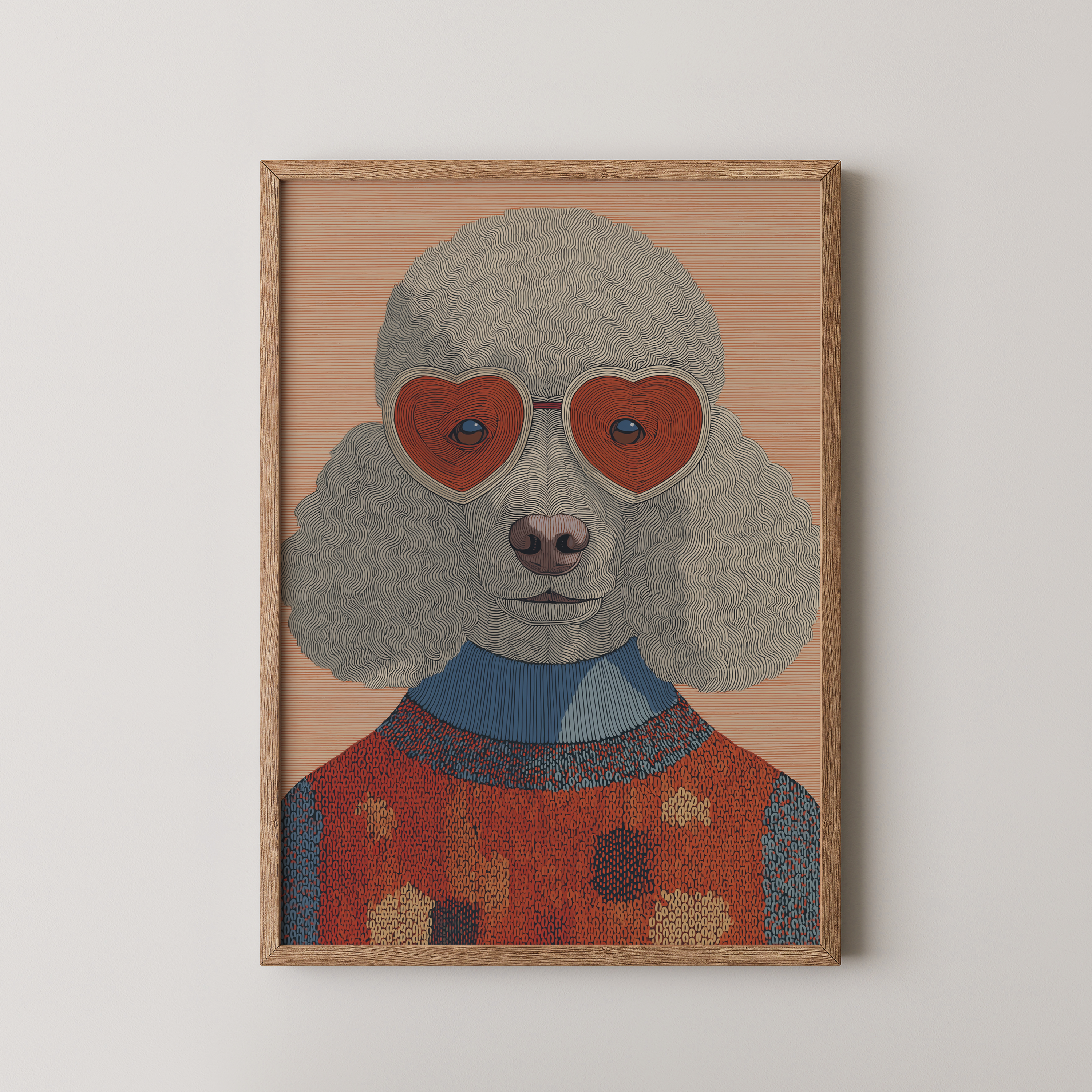 Titto איור פודל עם משקפי לב אדומים וסריג בגוונים חמים, בסגנון מודרני וממוסגר בחלל מינימליסטי