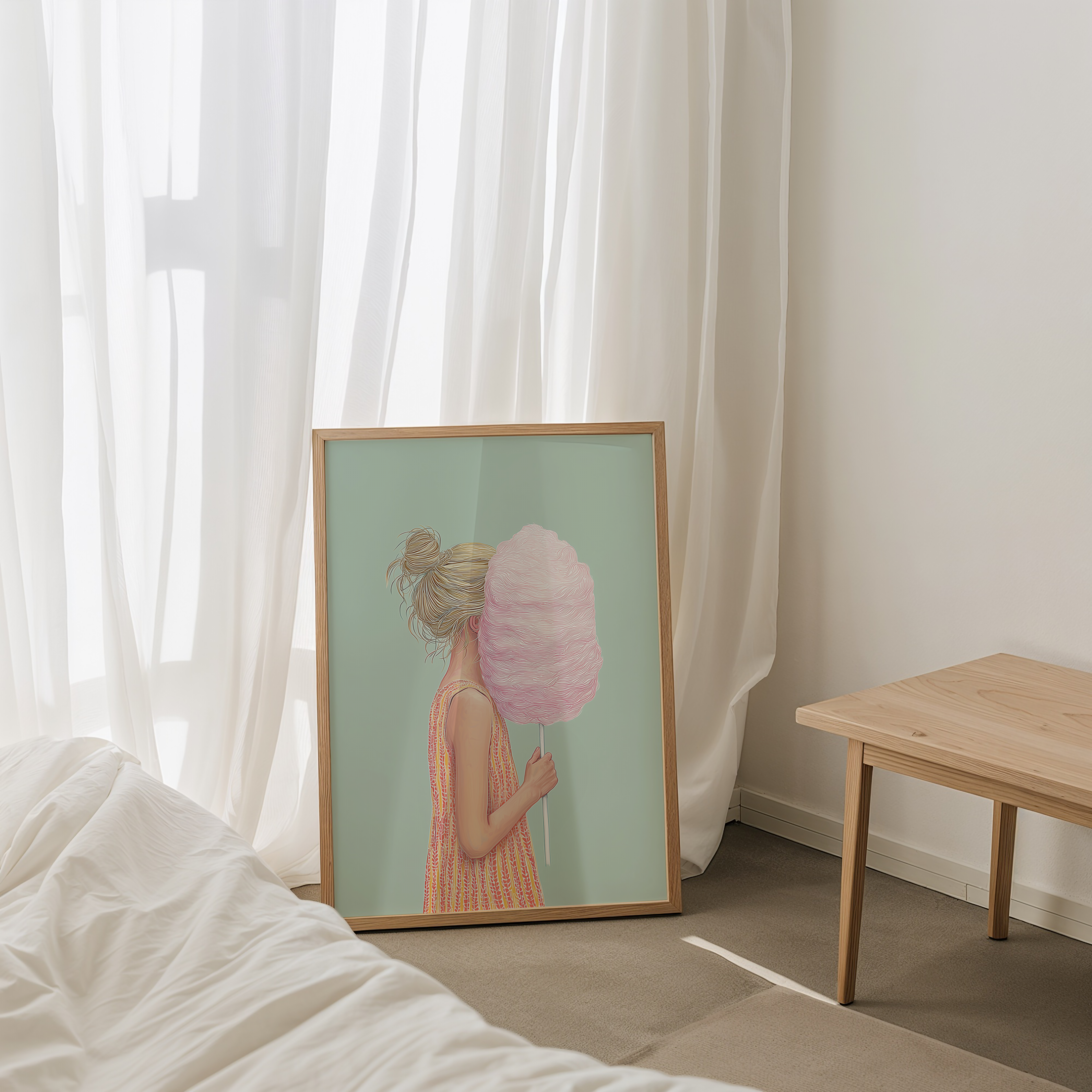 יצירת אמנות Candise – ילדה עם צמר גפן מתוק בצבע ורוד על רקע ירקרק, סגנון מודרני רך.