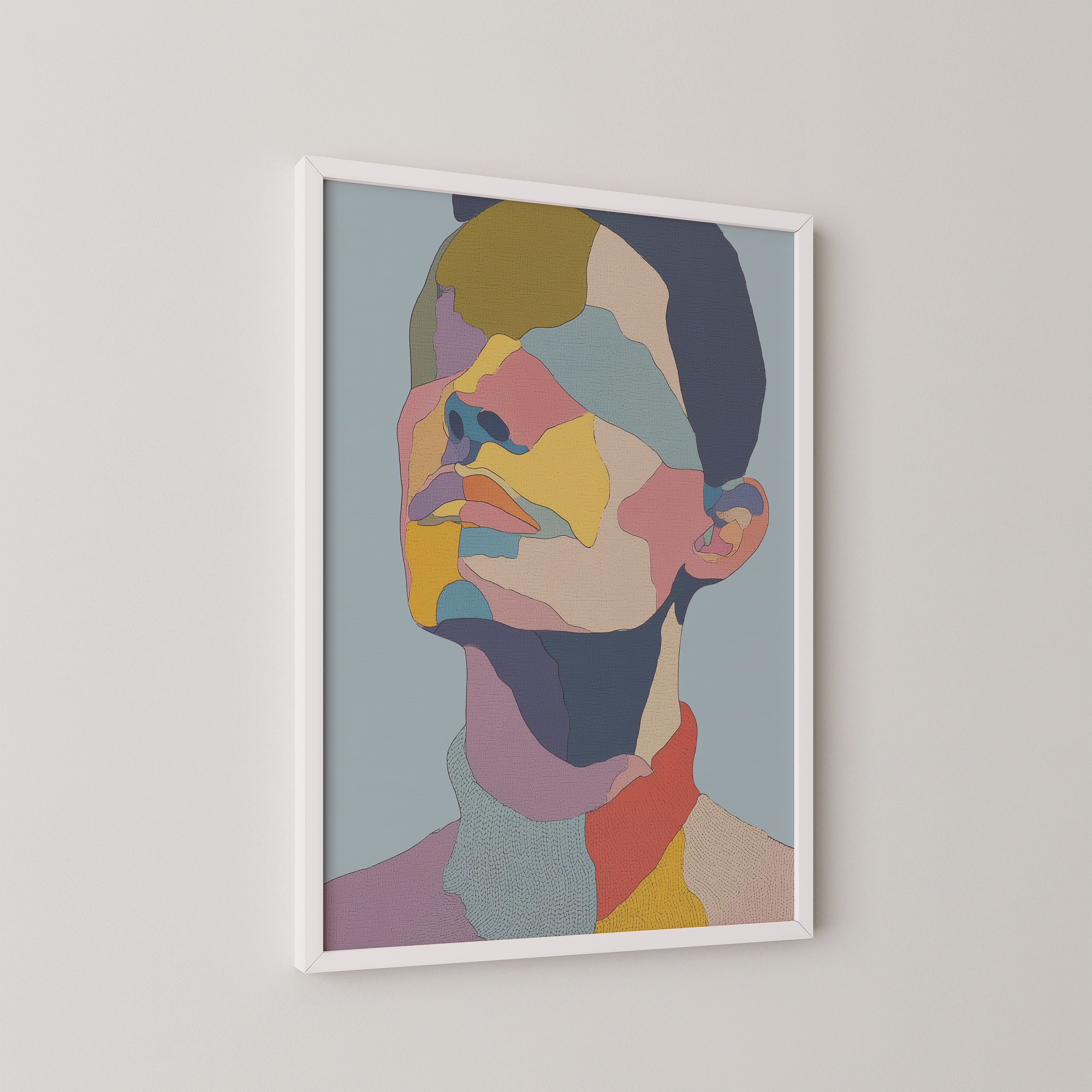 יצירה ממוסגרת Vérin בצבעים מופשטים על רקע תכלת – Trausi+Tosh