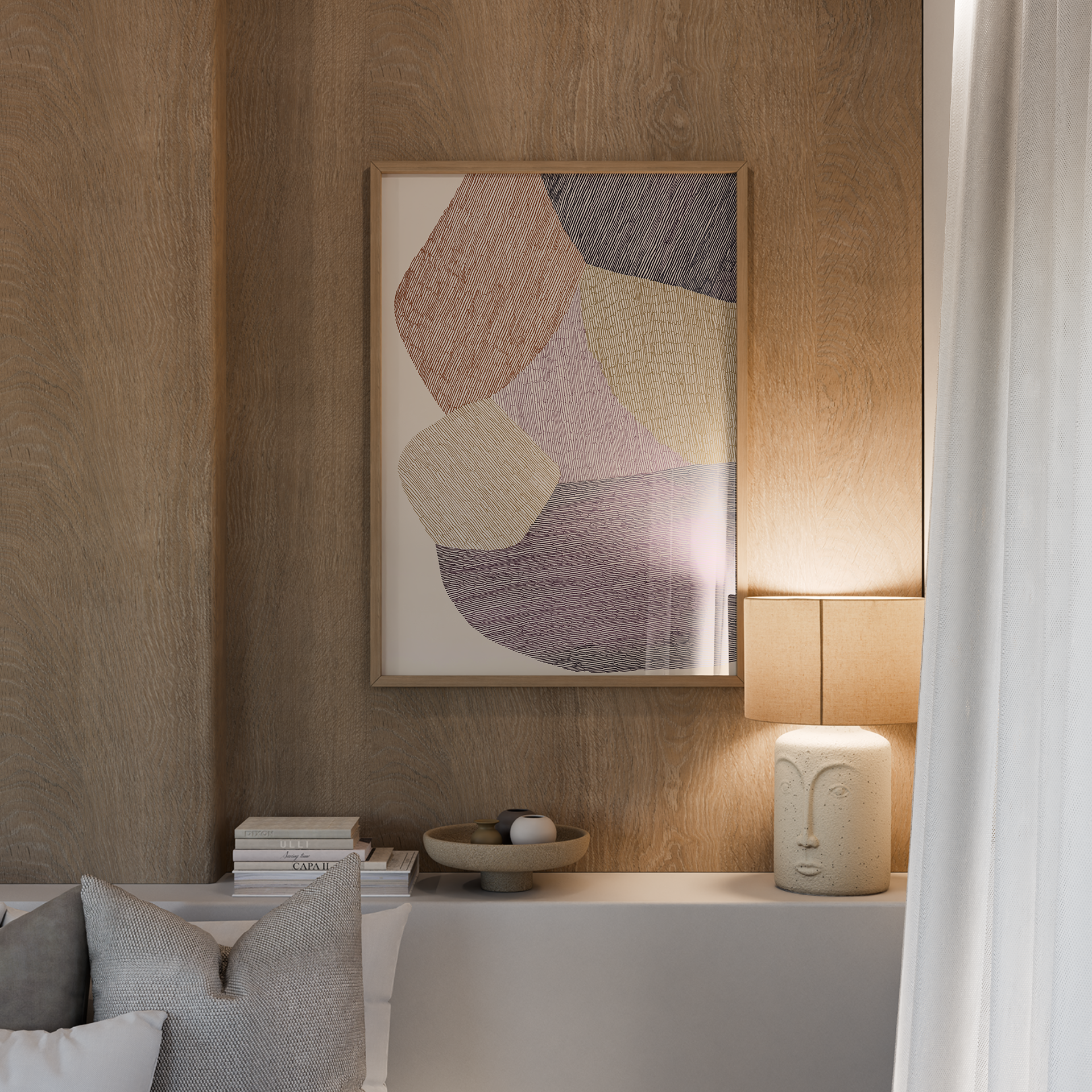 יצירת אמנות מופשטת Arden בגווני אדמה עם צורות אורגניות וטקסטורות קוויות במסגרת עץ טבעי