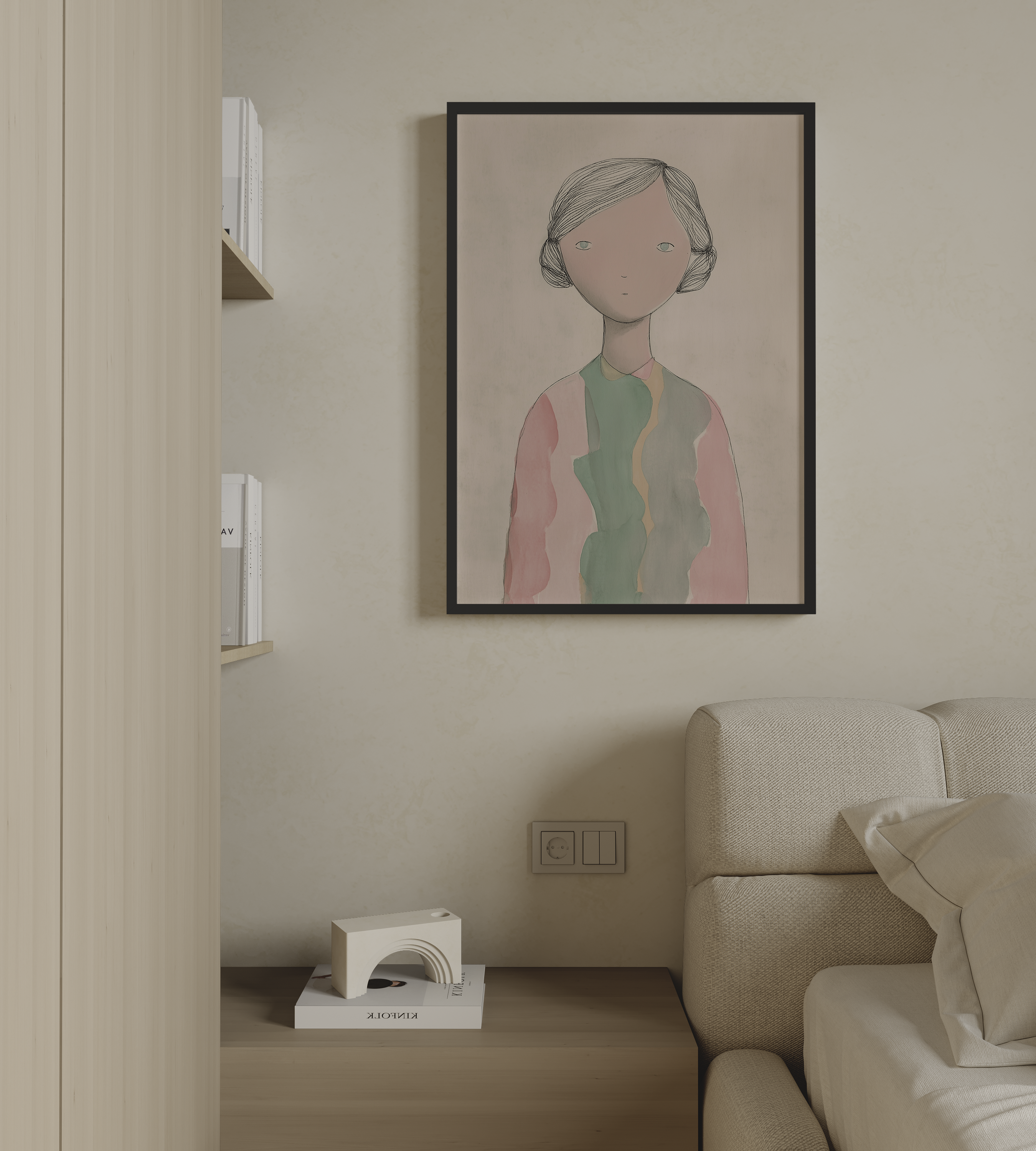 יצירה ממוסגרת של דמות נשית עדינה בגוונים רכים, סגנון איורי מינימליסטי, קולקציית הדמויות של Trausi+Tosh