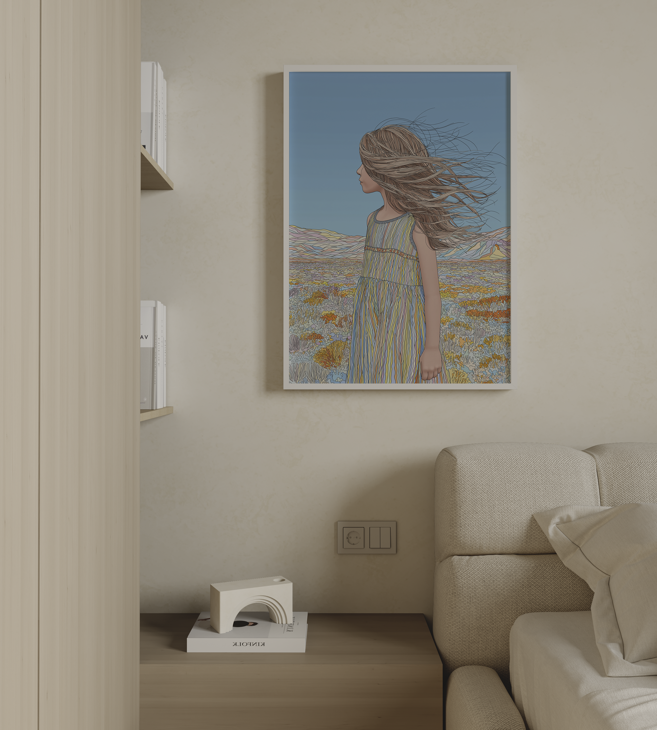 יצירת אמנות מודרנית של דמות נשית מול נוף פתוח בגווני כחול וחול, עם שיער מתעופף ברוח ואווירה רגועה