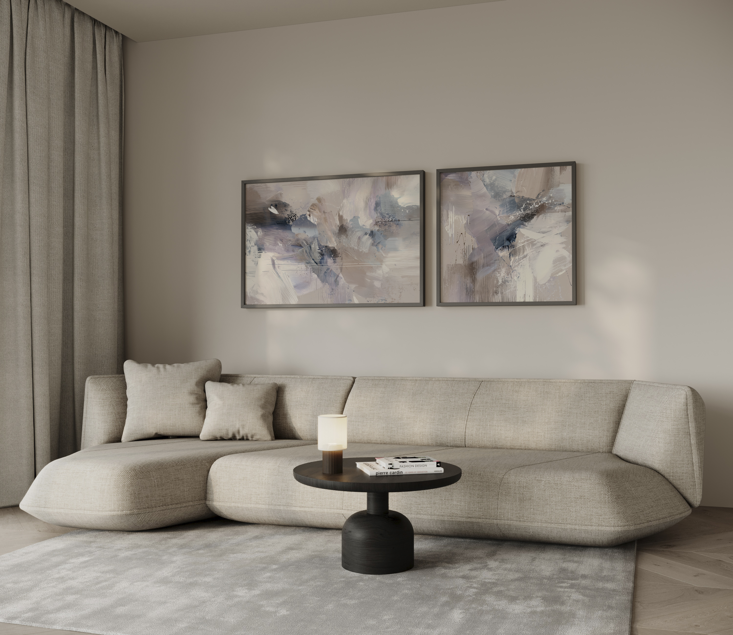 סט אמנות מופשטת Orvane בגוונים ניטרליים של שמנת ואפור תלוי מעל ספה בסלון מודרני