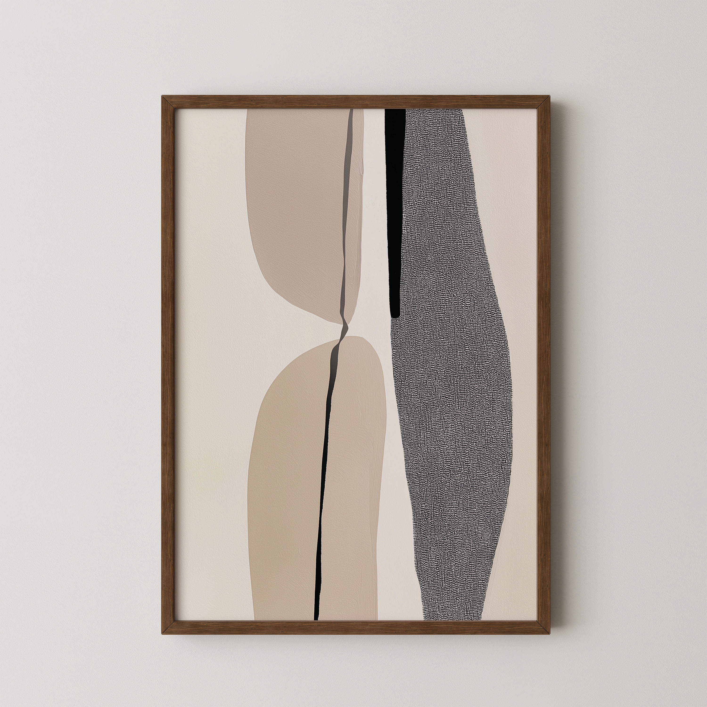 יצירת אמנות מופשטת ממוסגרת בגווני שמנת ובז' עם קווים שחורים וקומפוזיציה מינימליסטית מודרנית