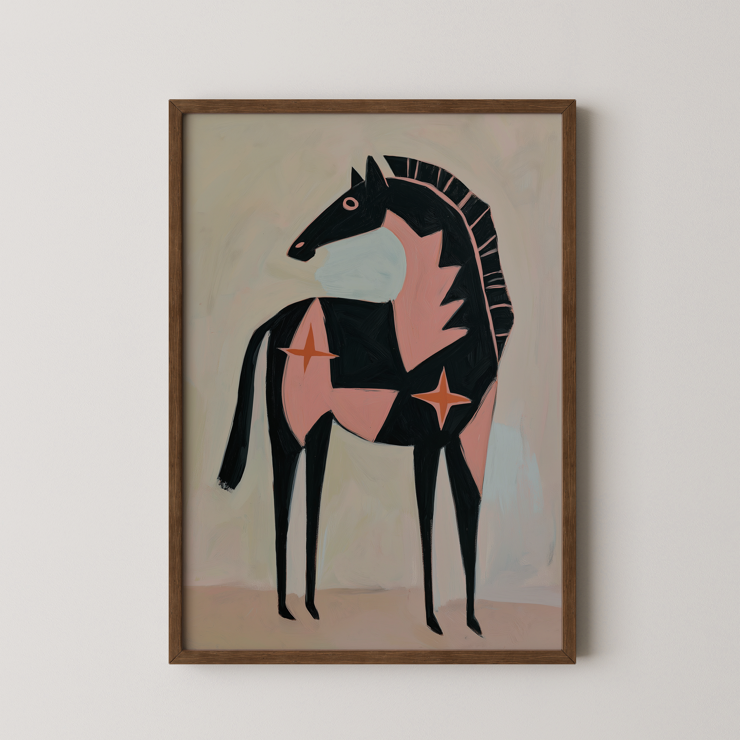איור אמנותי מינימליסטי של סוס בגווני שחור ורוד וחמרה, יצירה Ver של Trausi & Tosh