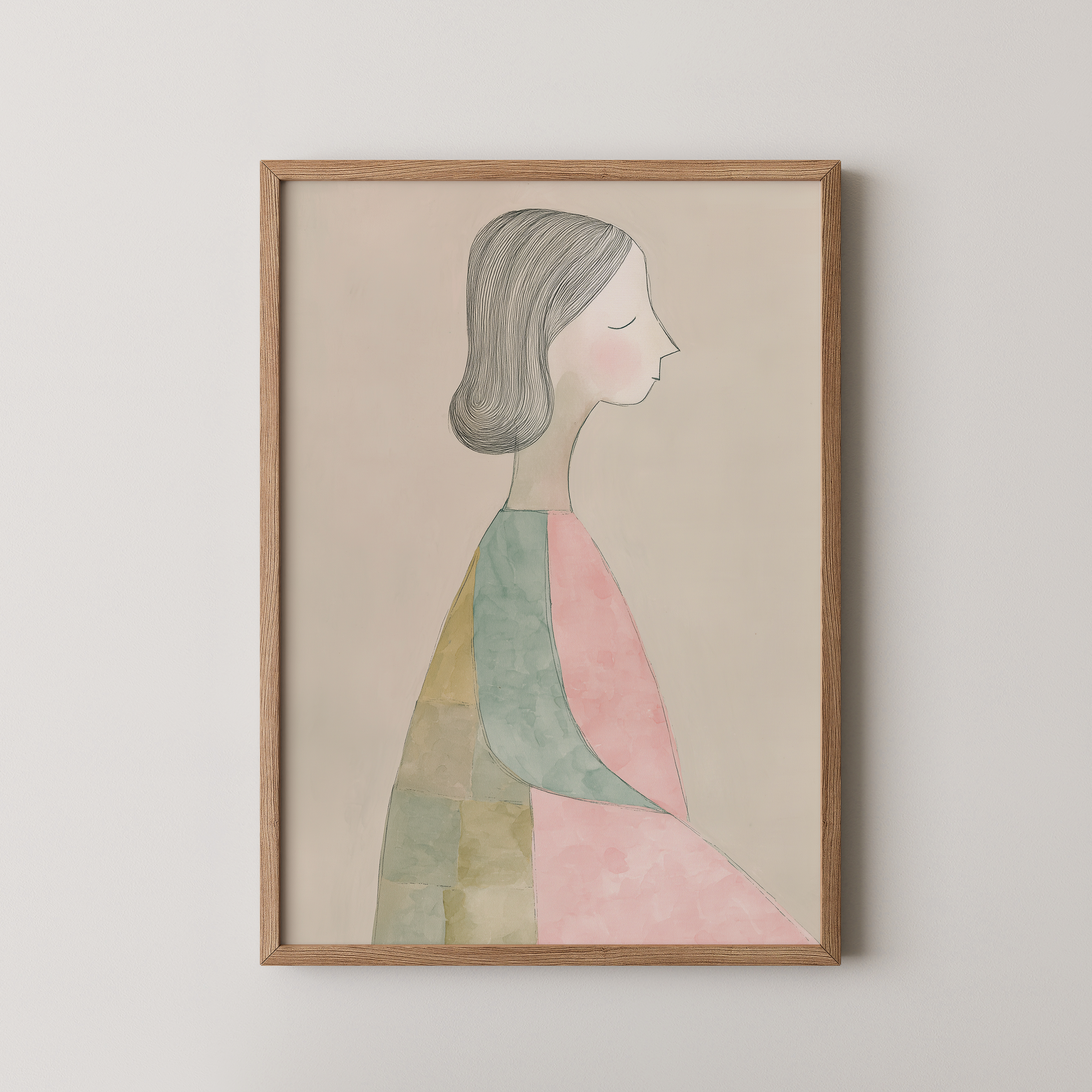 יצירה ממוסגרת של דמות נשית בפרופיל, בקווים עדינים ובגווני ורוד וירוק, בסגנון איור מינימליסטי, מתוך קולקציית הדמויות של Trausi+Tosh.