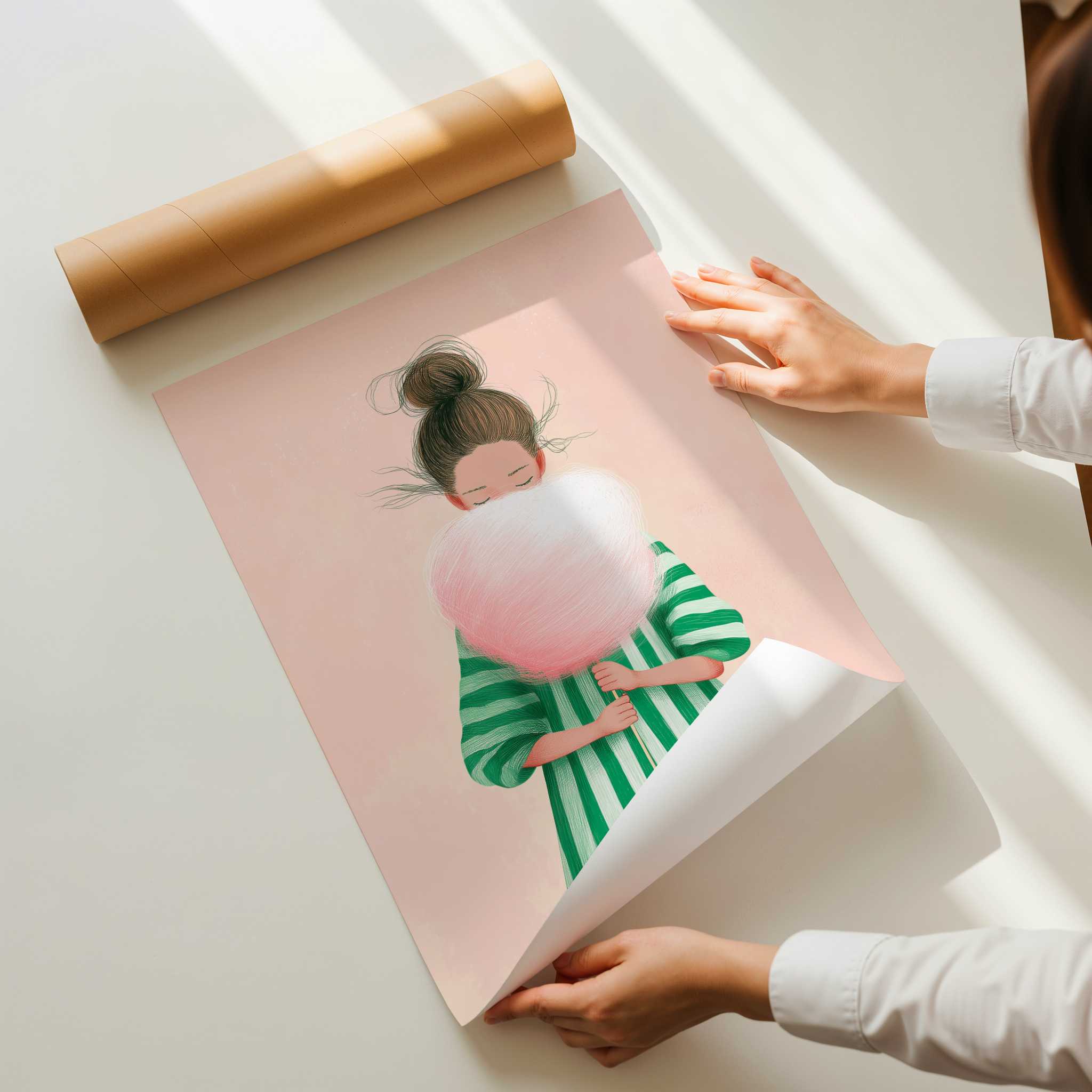 איור אמנותי של ילדה אוחזת בצמר גפן מתוק בגוונים רכים, הדפס אמנותי מודרני בסגנון עדין  טראוזי וטוש