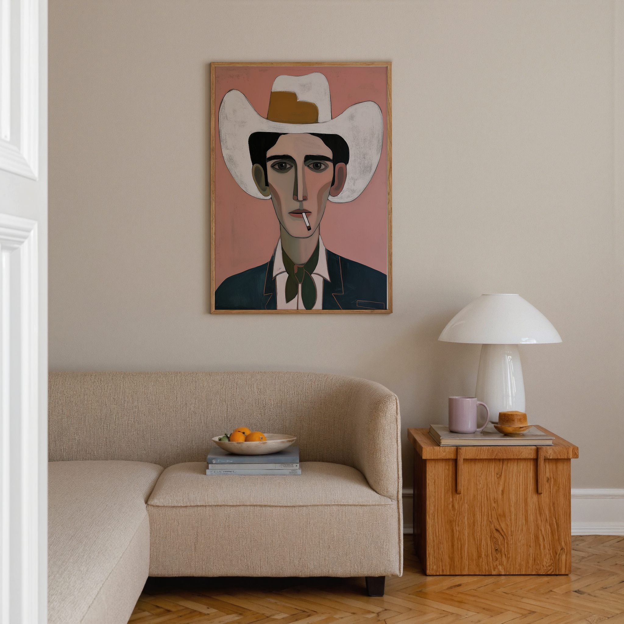 יצירה אמנותית עם דמות גברית מאוירת, כובע רחב, צבעי ורוד וירוק, סגנון מודרני מינימליסטי