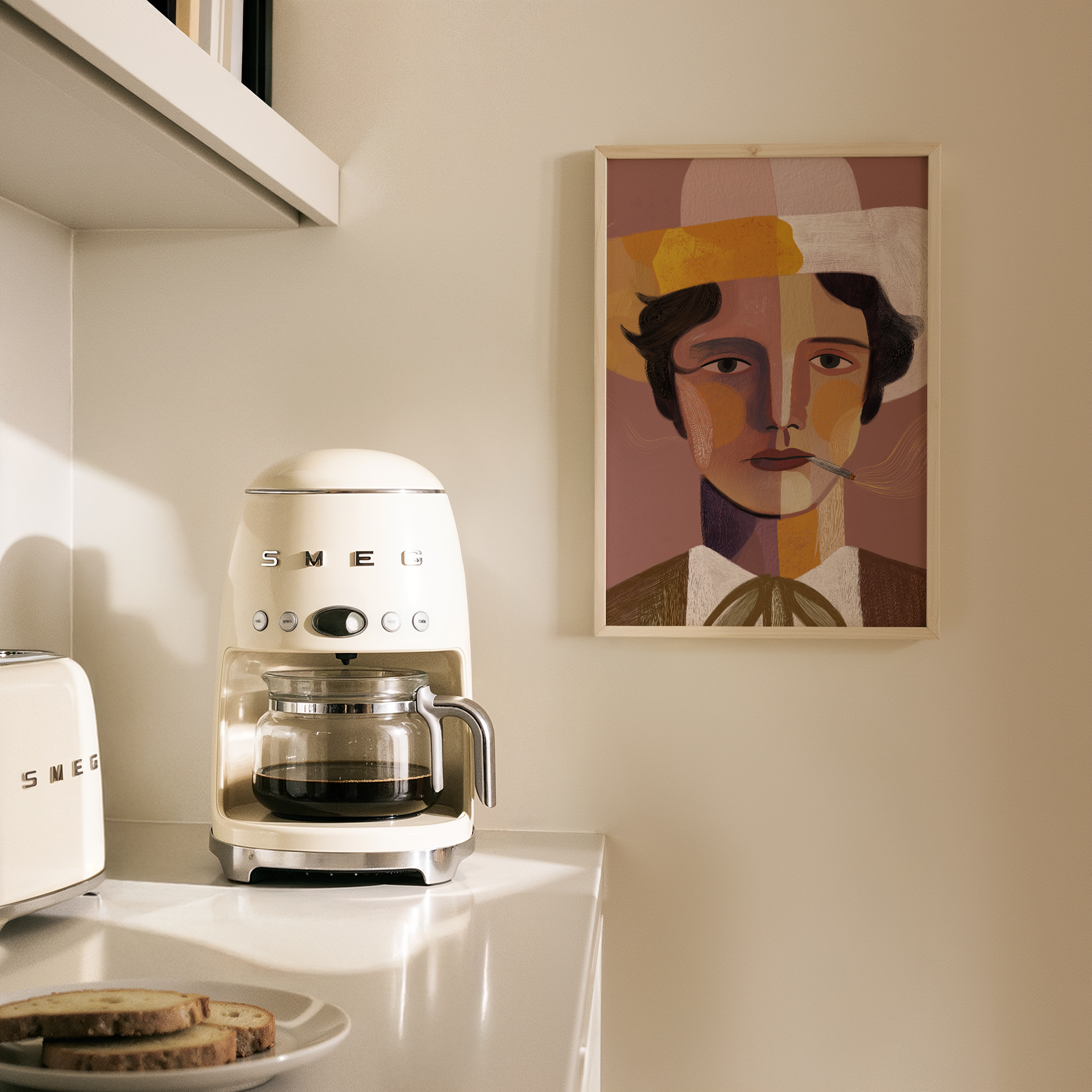 יצירה ממוסגרת של דמות גברית בשם Armand בסגנון אמנותי מודרני ובצבעים עמוקים