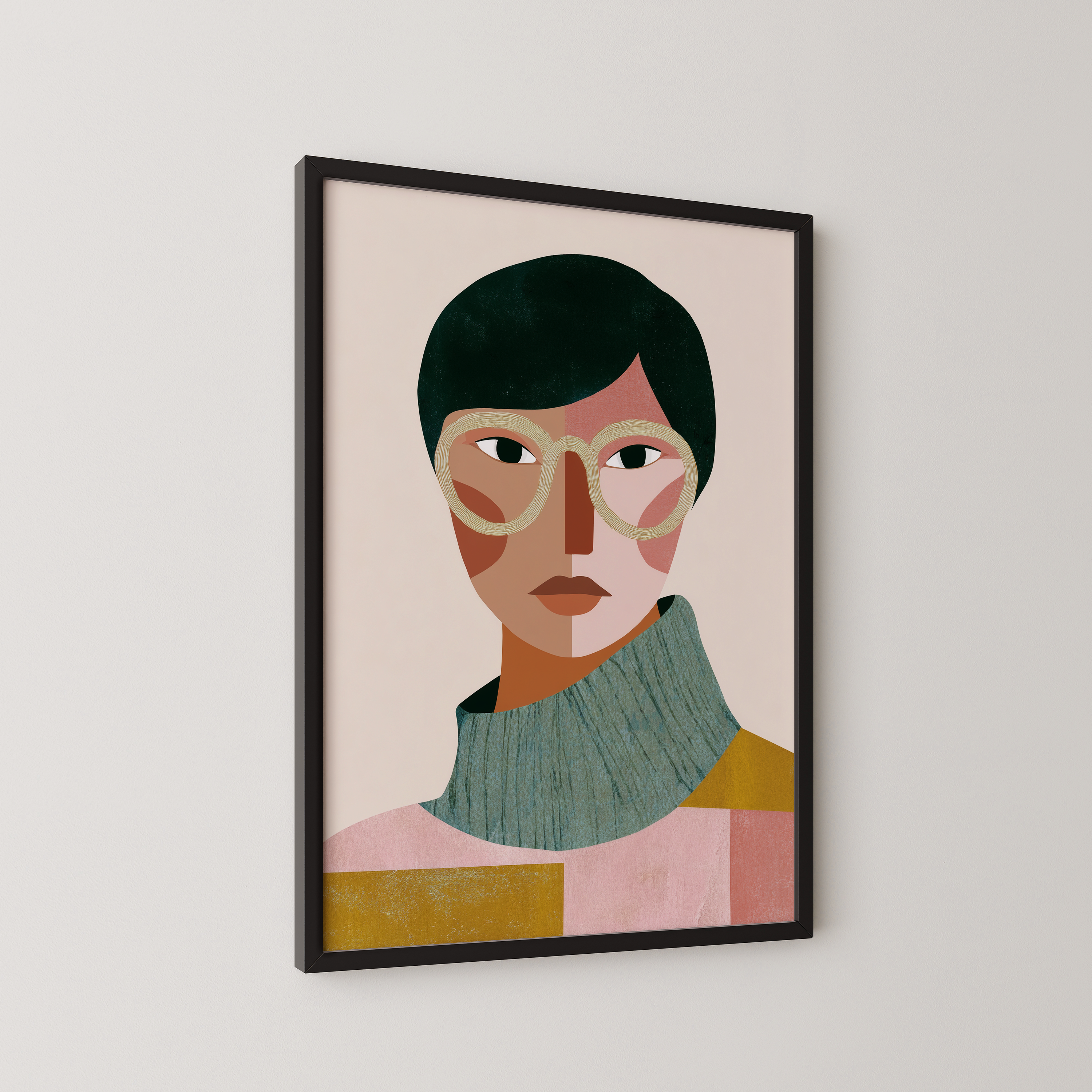 דיוקן גיאומטרי מודרני בשם Lioren בצבעי ורוד, חרדל ותכלת, דמות עם משקפיים גדולים ומבט רגוע.