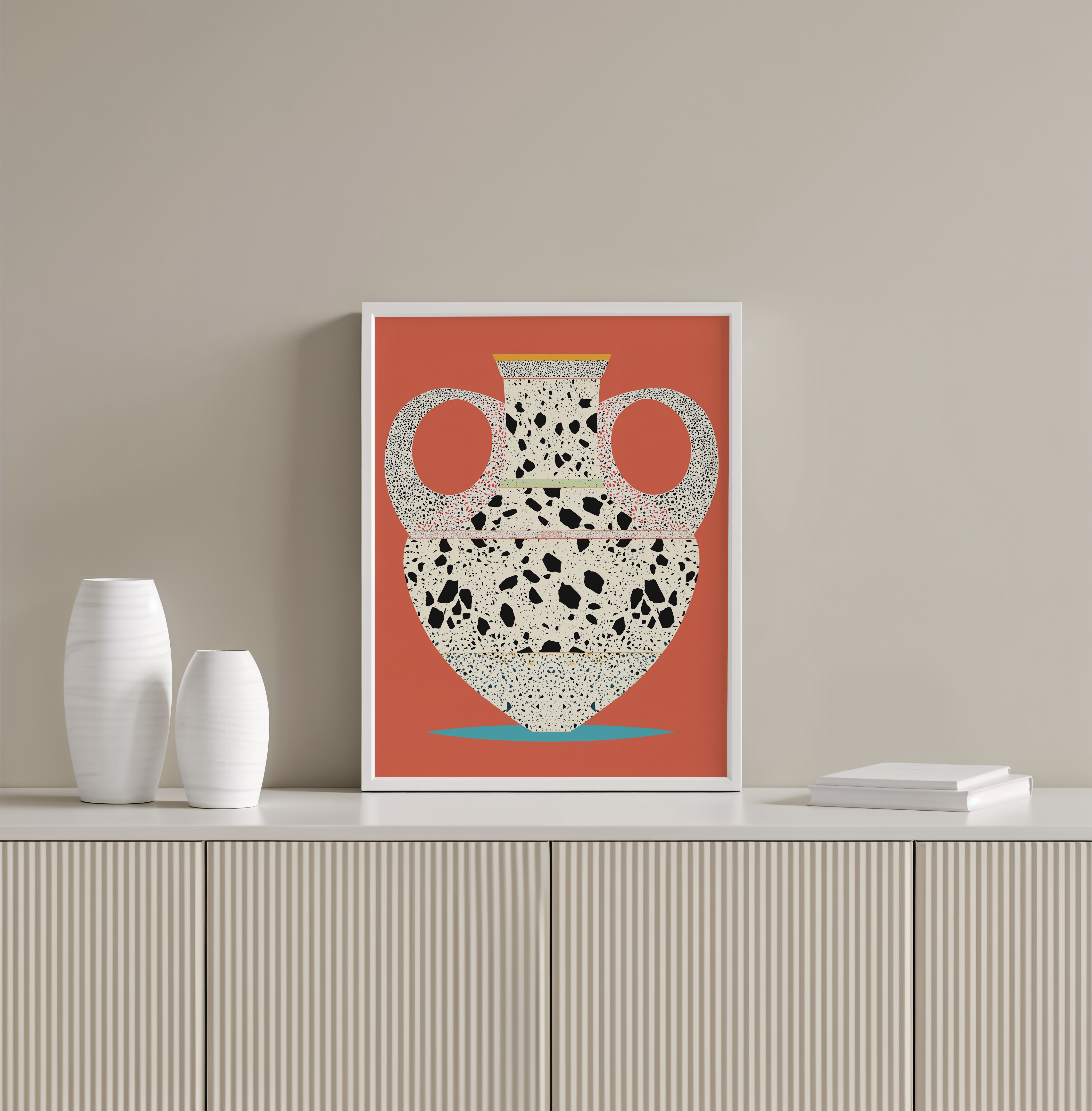 Onava – הדפס אמנותי של כלי חרס מאויר בסגנון מודרני עם טקסטורת טרצו על רקע חמים