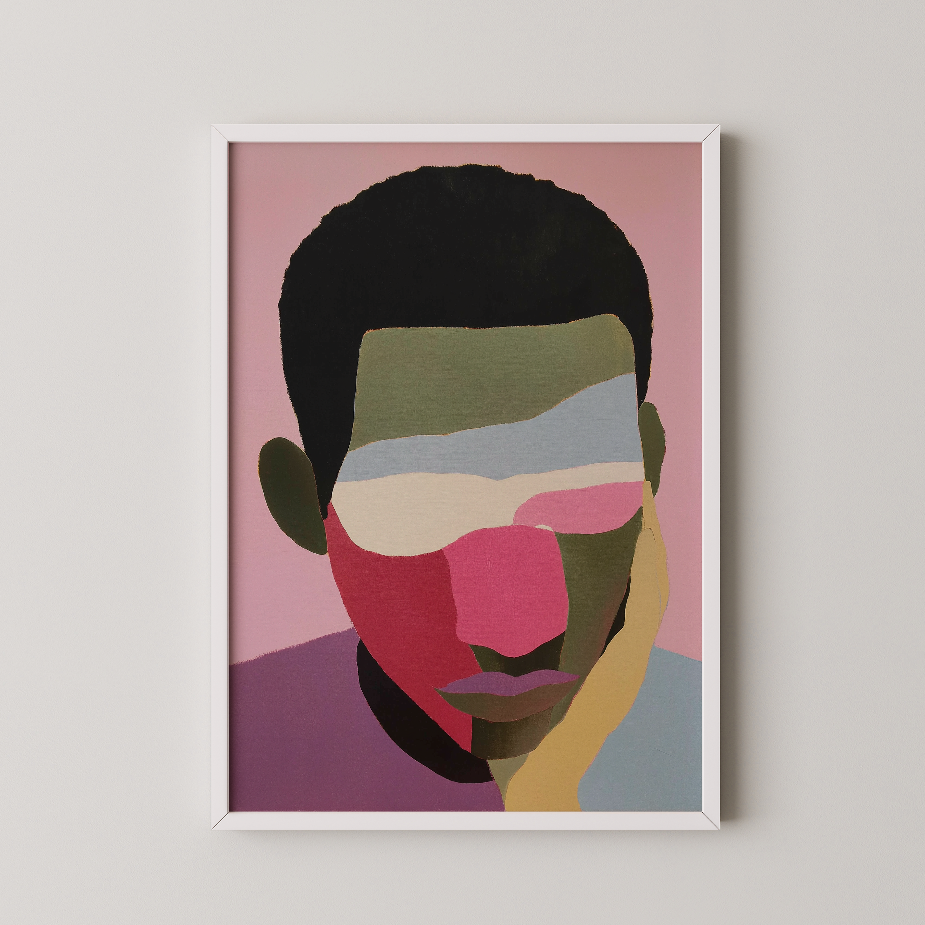 יצירה ממוסגרת של דיוקן גברי מופשט בגווני ורוד, ירוק ותכלת – Isandro מבית Trausi+Tosh