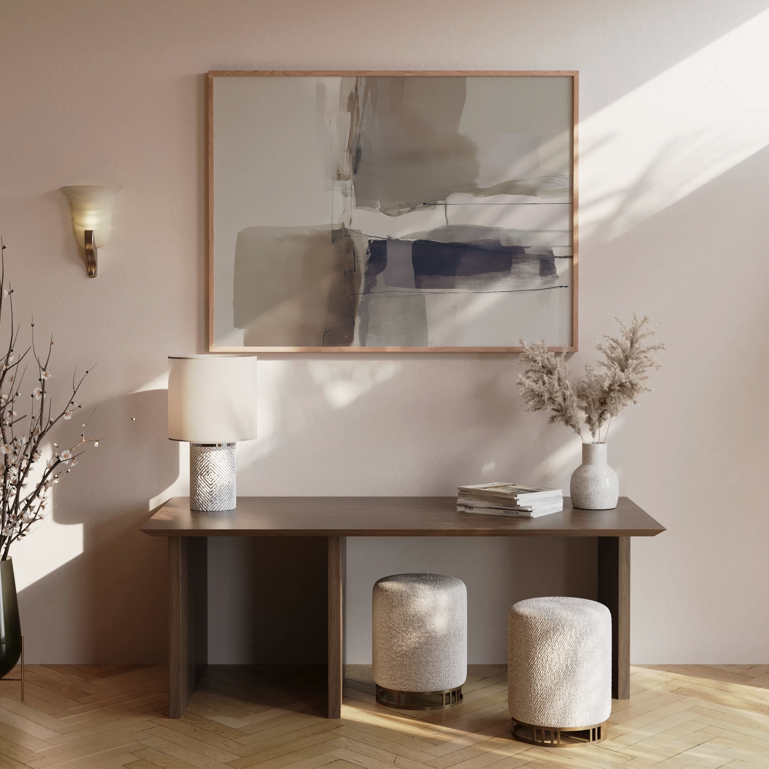 יצירה מופשטת במסגרת עץ טבעי בגווני חום, סגול ואבן – Talune מקולקציית טראוזי וטוש.