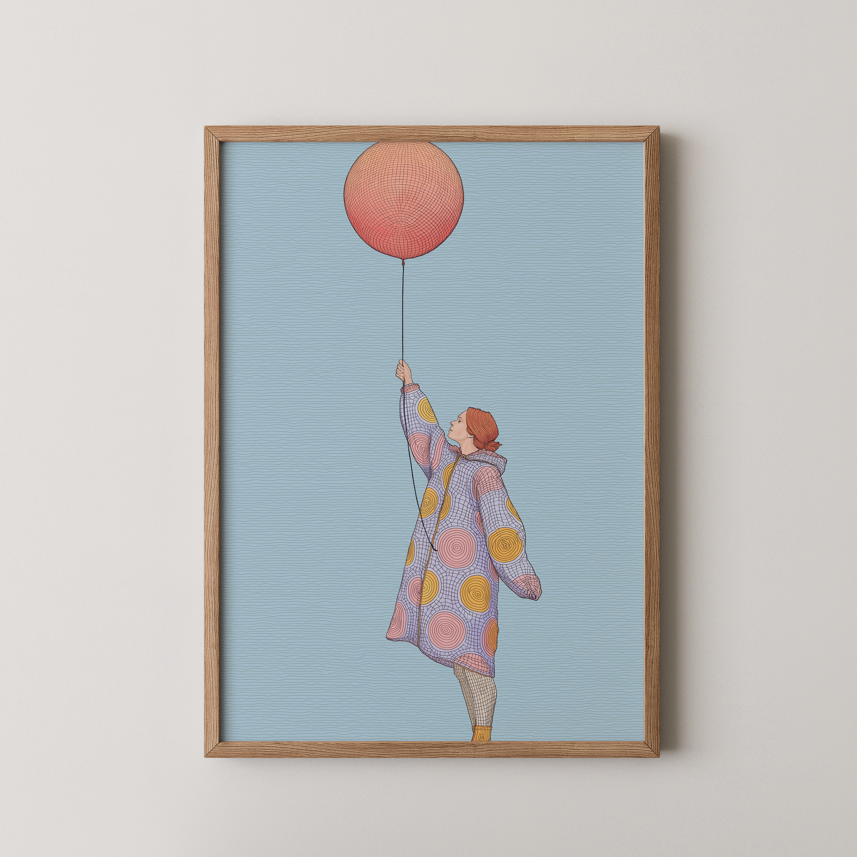 יצירת אמנות מינימליסטית של דמות מחזיקה בלון אדום על רקע שמיים כחולים, בסגנון רגשי ונקי לקיר הבית