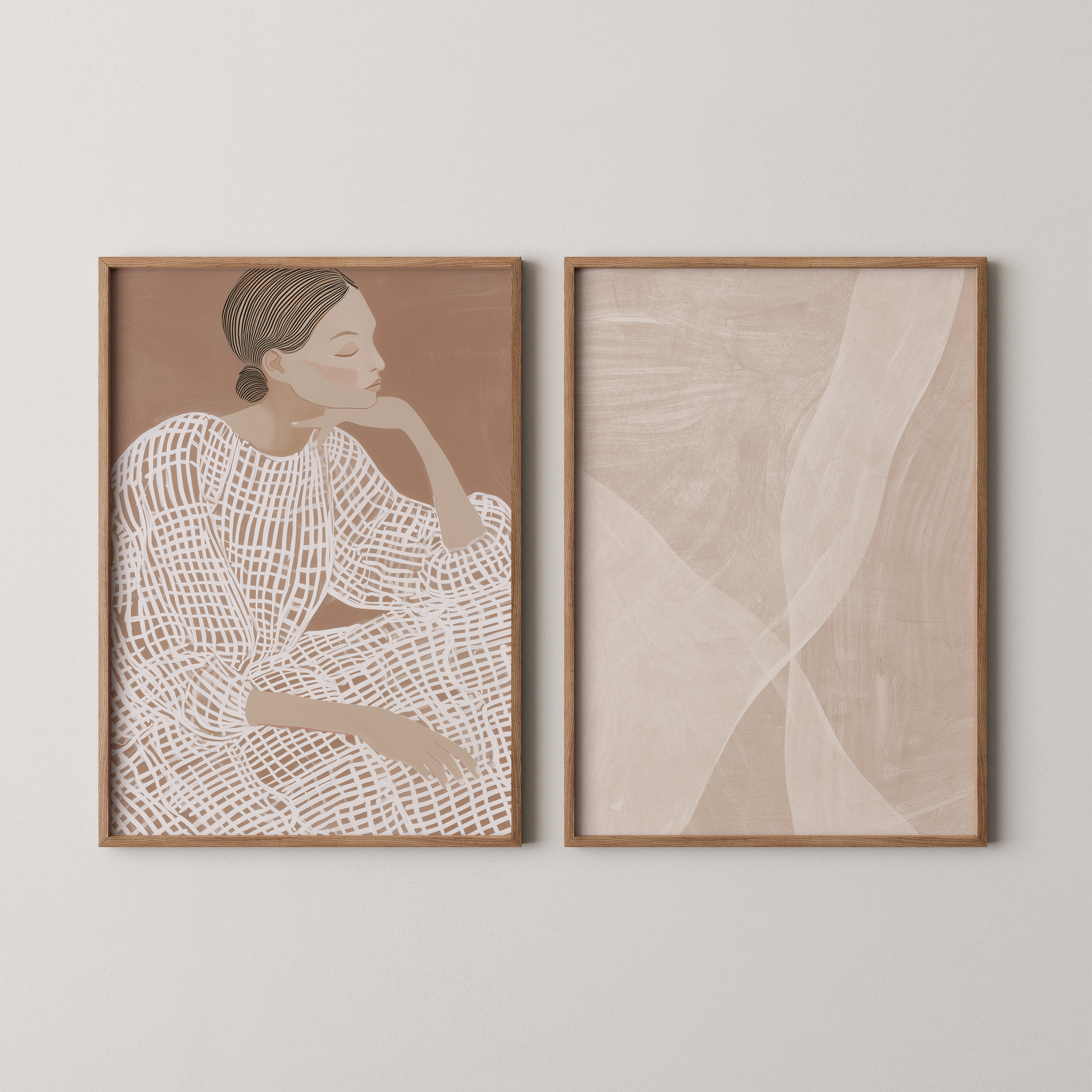 יצירה ממוסגרת בסגנון מינימליסטי עם דמות נשית מופשטת בגוונים טבעיים – סט Solveig