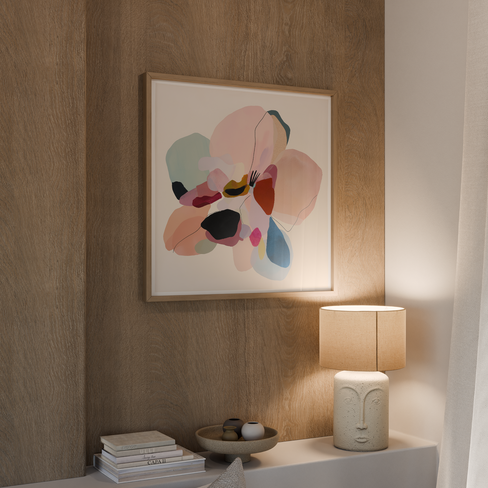 יצירה מופשטת בשם Sora בגוונים רכים עם צורות אורגניות וקווים עדינים, ממוסגרת ותלויה בחלל מודרני.