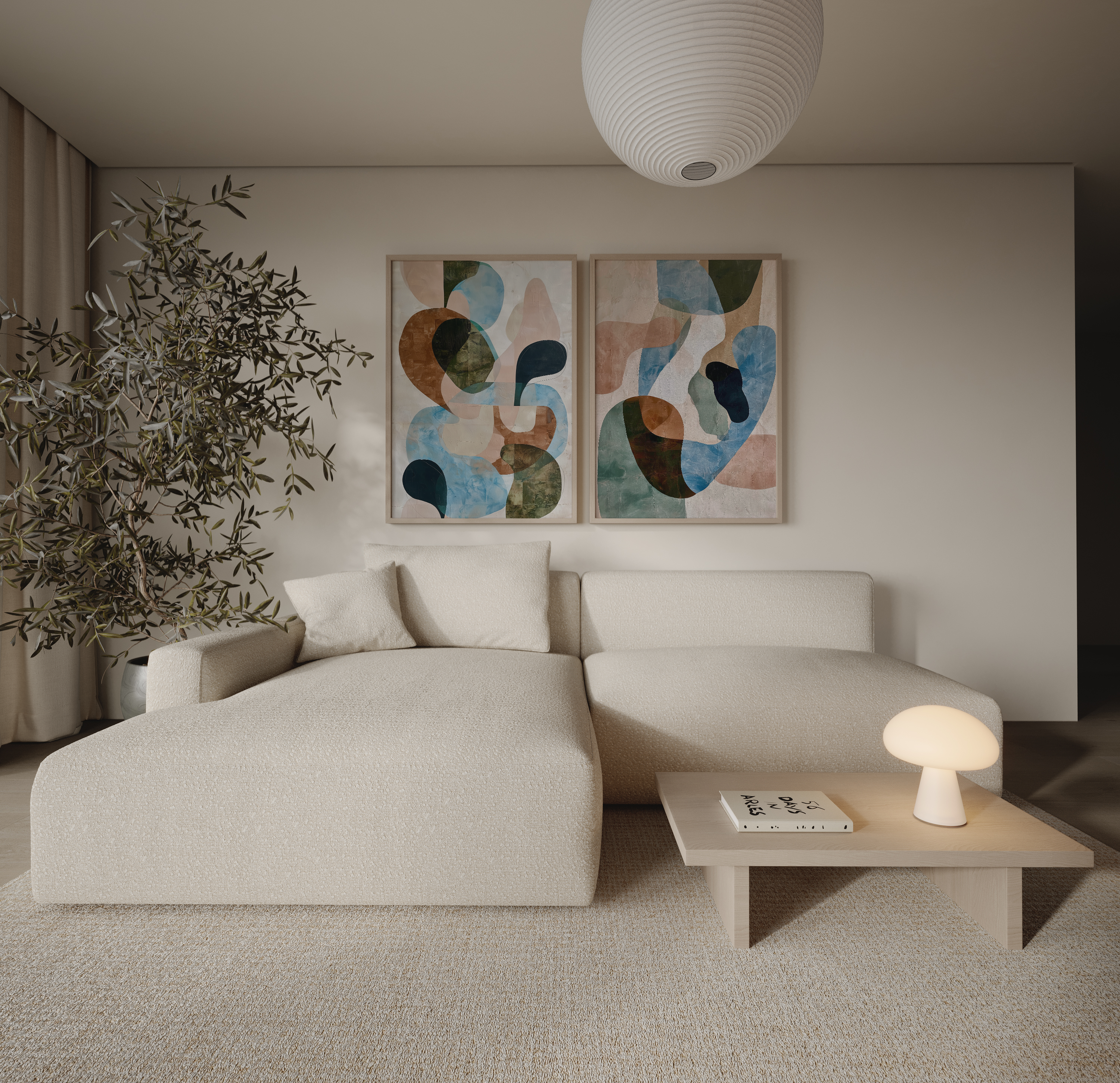 סט הדפסים אמנותיים Aluma עם צורות אורגניות בגוונים רכים, מוצג במסגרת עץ בסלון מודרני