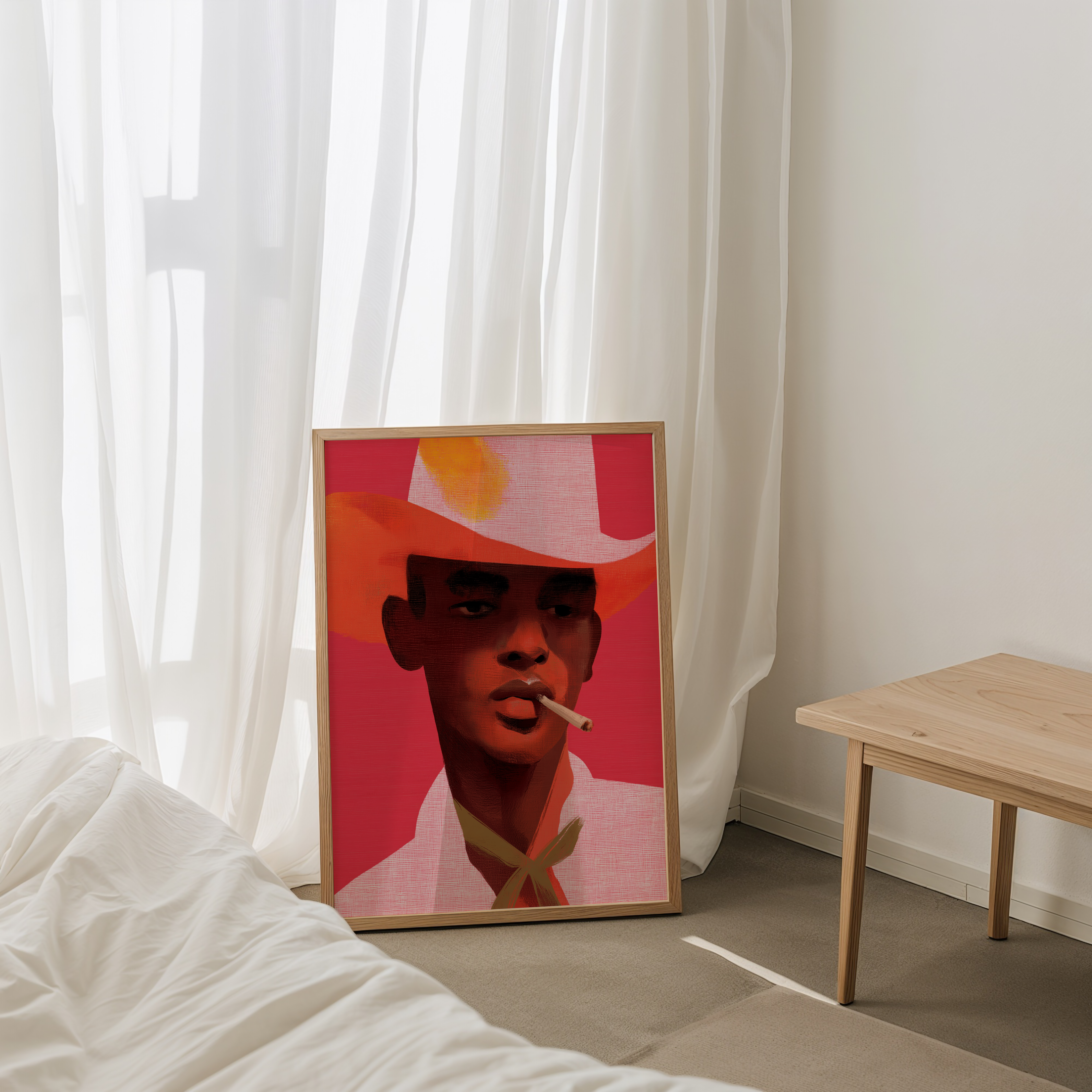 יצירה ממוסגרת Leon – דמות גברית עם כובע וסיגריה בגווני אדום וורוד, אמנות מודרנית עם נוכחות ועומק לחלל