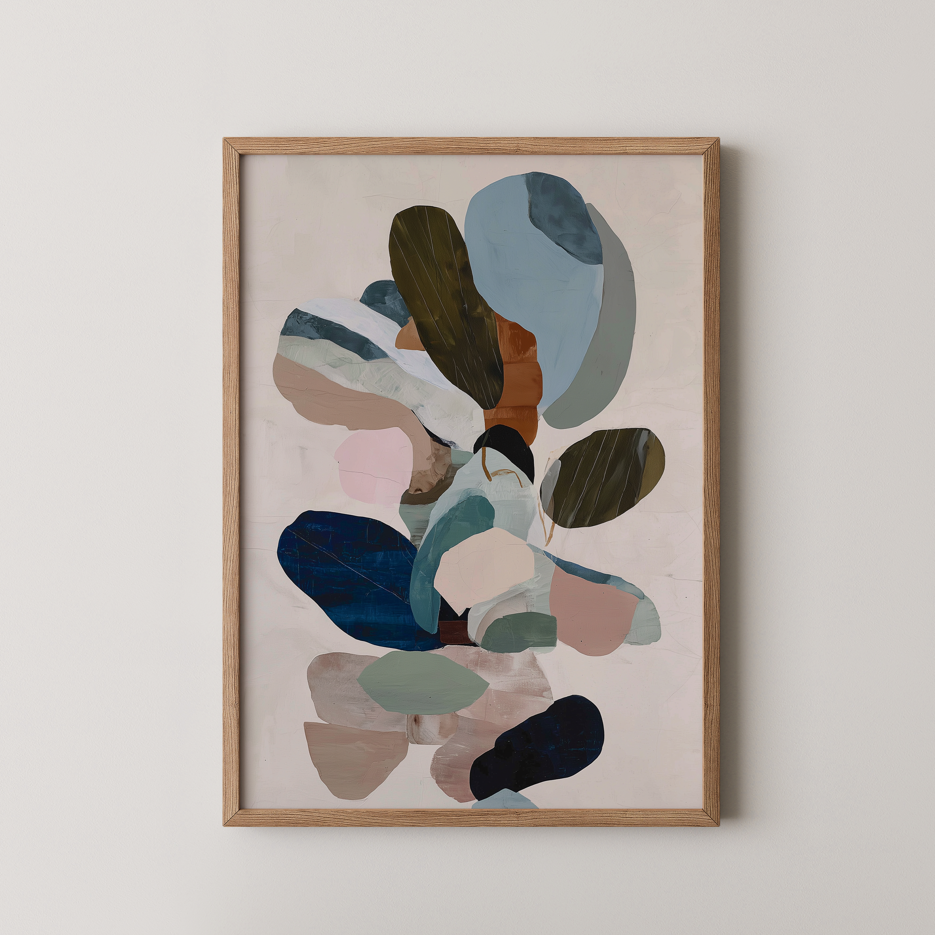 Marais abstract artwork in blue, green and beige tones styled in a warm minimalist living room