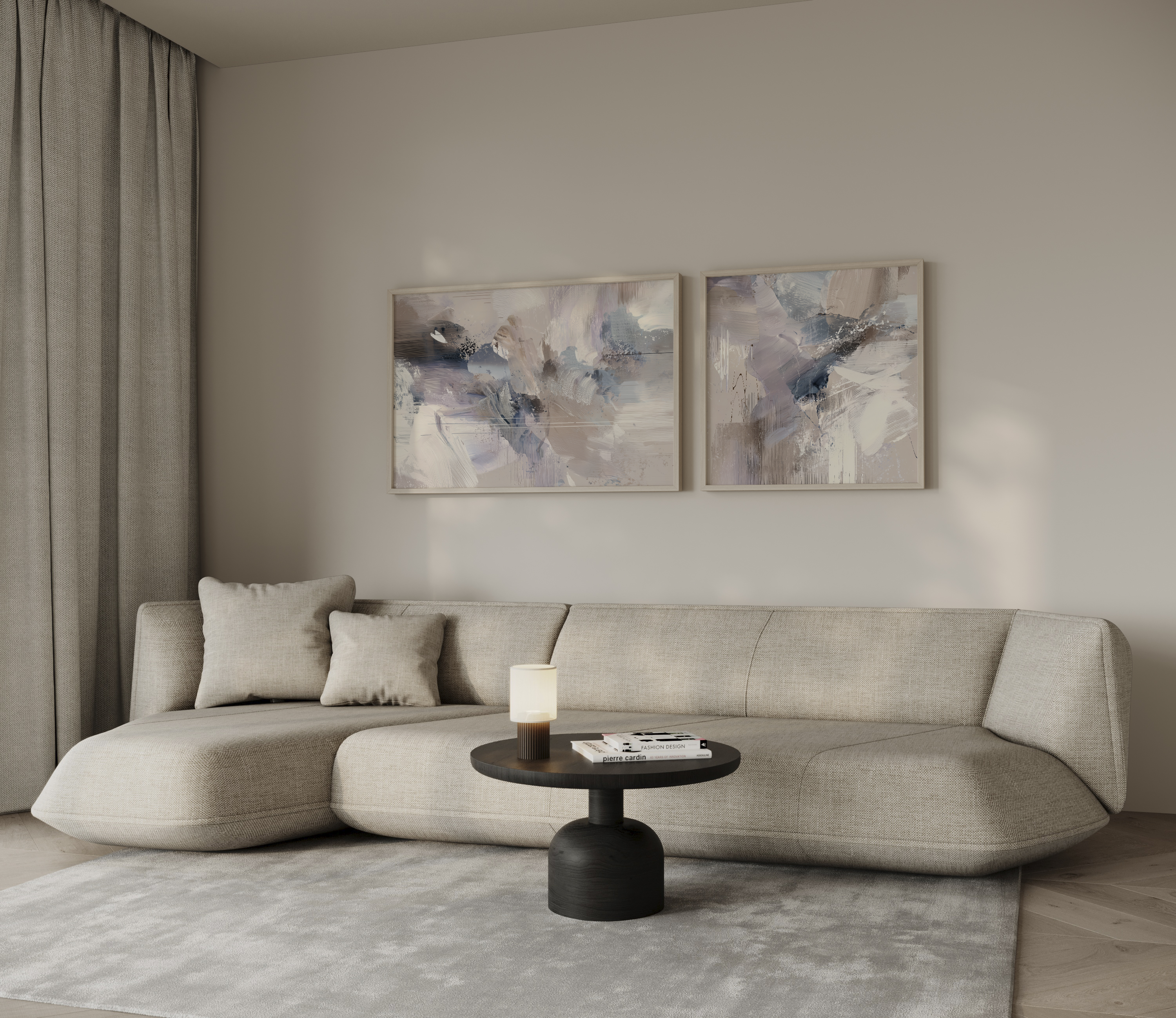 סט אמנות מופשטת Orvane בגוונים ניטרליים של שמנת ואפור תלוי מעל ספה בסלון מודרני