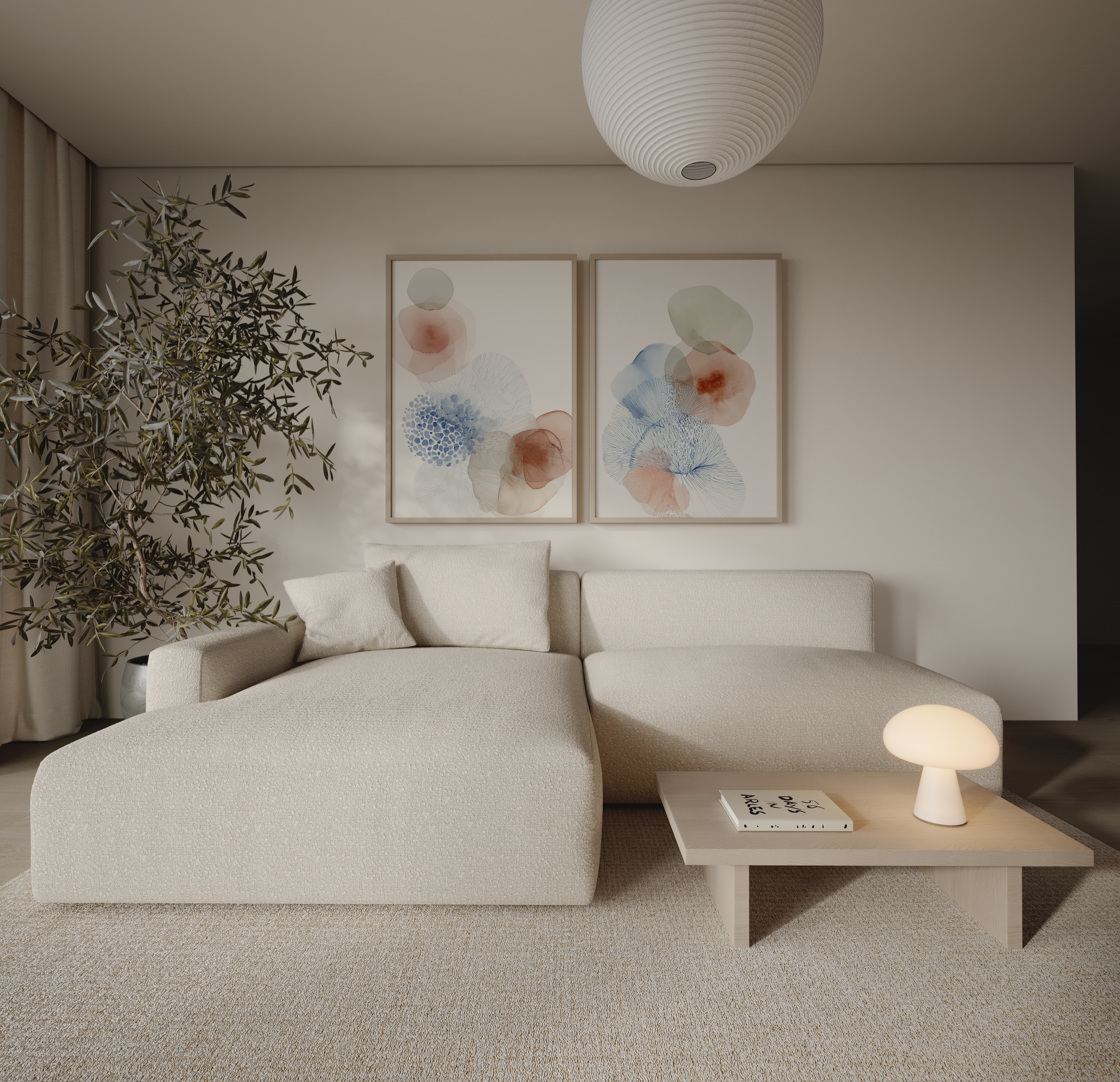 סט אמנות Evara – שתי יצירות מופשטות בגוונים טבעיים של כחול, ניוד וחמרה, עם קווים ידניים וצורות אורגניות, מוצגות במסגרת מינימליסטית על קיר בהיר.