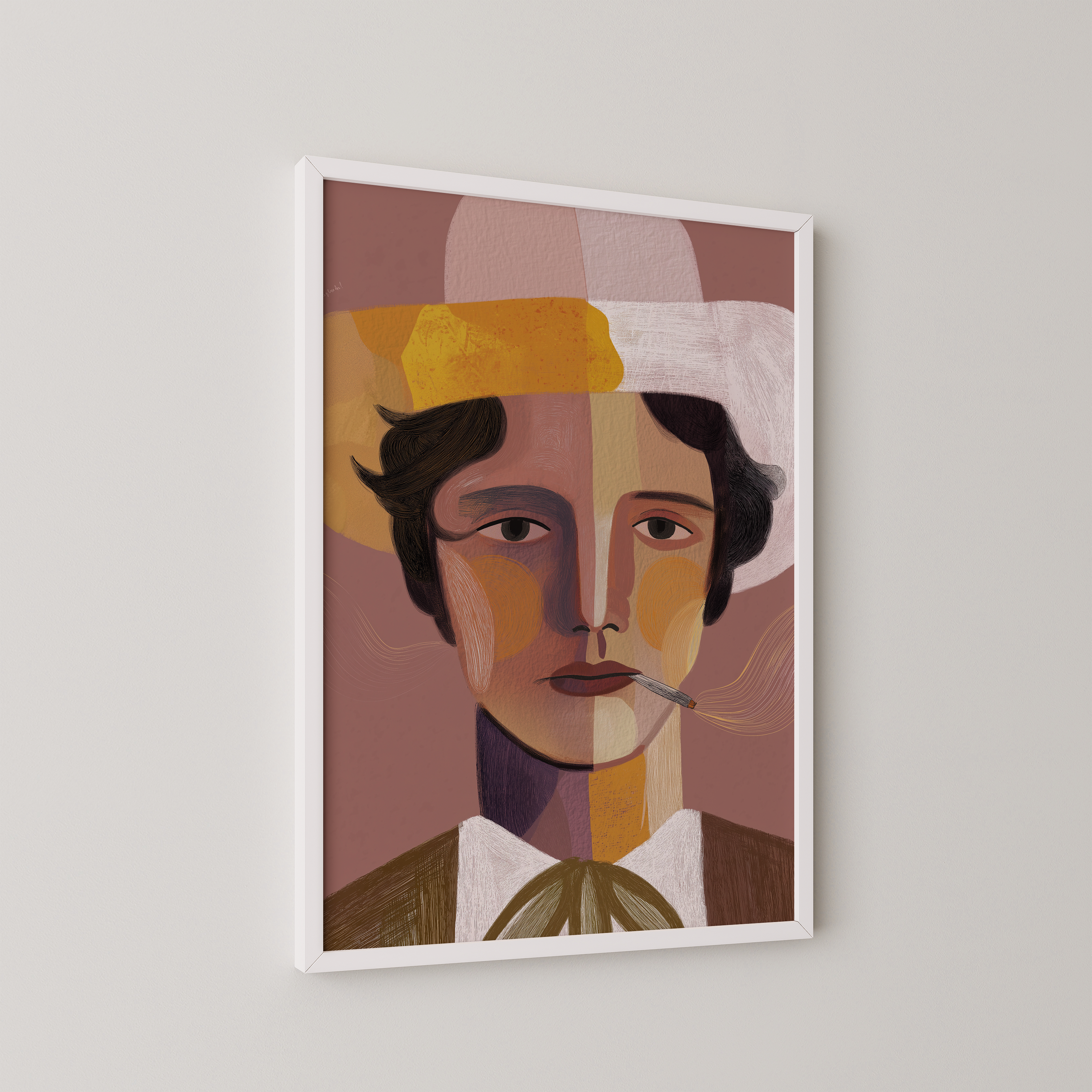 יצירה ממוסגרת של דמות גברית בשם Armand בסגנון אמנותי מודרני ובצבעים עמוקים