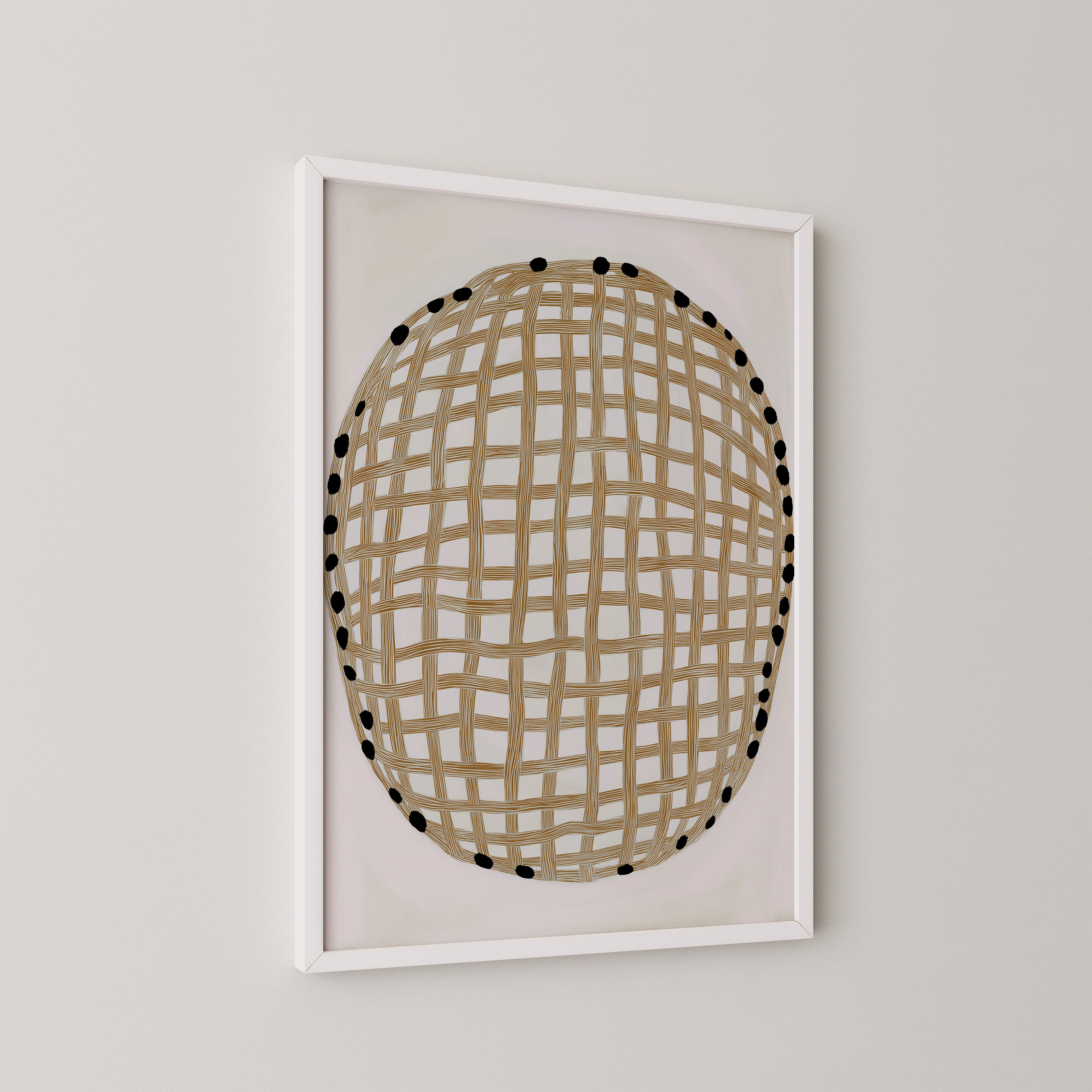 הדפס אמנותי מופשט בצורת עיגול מקווים שזורים בגוונים טבעיים, ממוסגר בעץ – יצירה בשם Vire מבית Trausi+Tosh