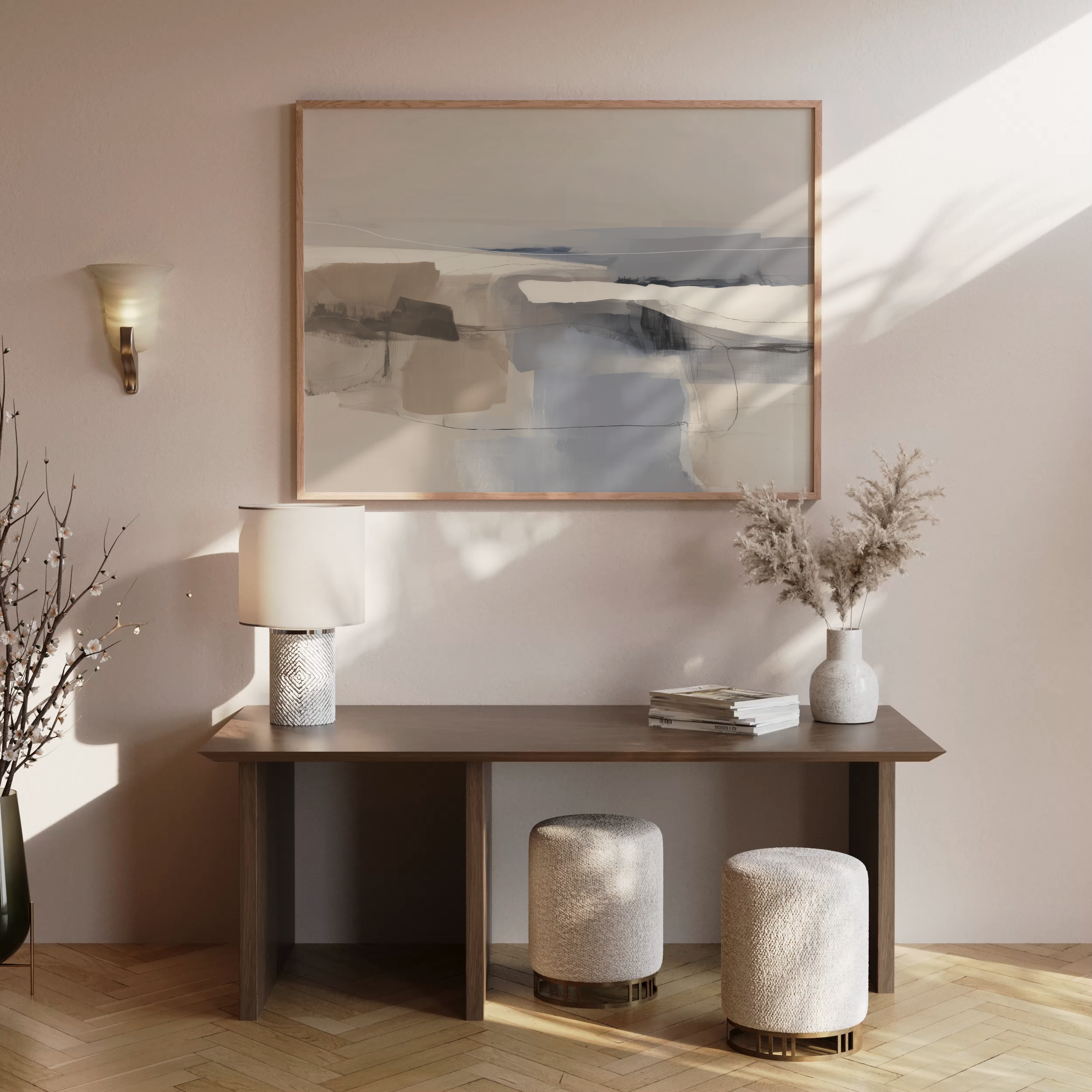 תמונה מופשטת בצבעי חמרה, חול ותכלת במסגרת עץ, תלויה בסלון מודרני מואר