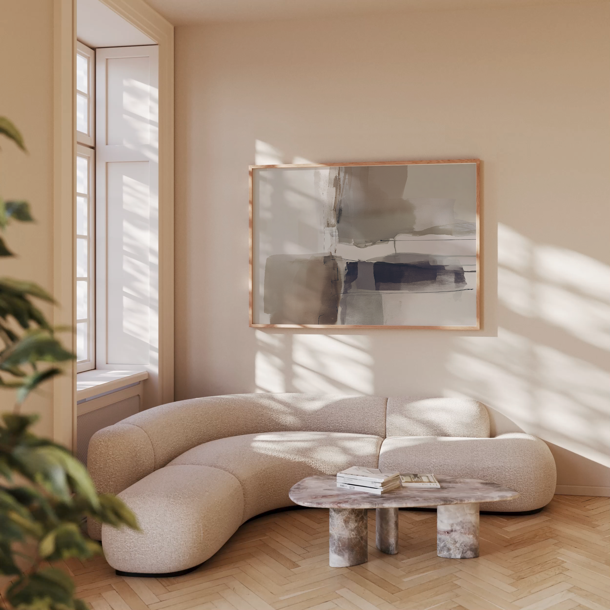 יצירה מופשטת במסגרת עץ טבעי בגווני חום, סגול ואבן – Talune מקולקציית טראוזי וטוש.