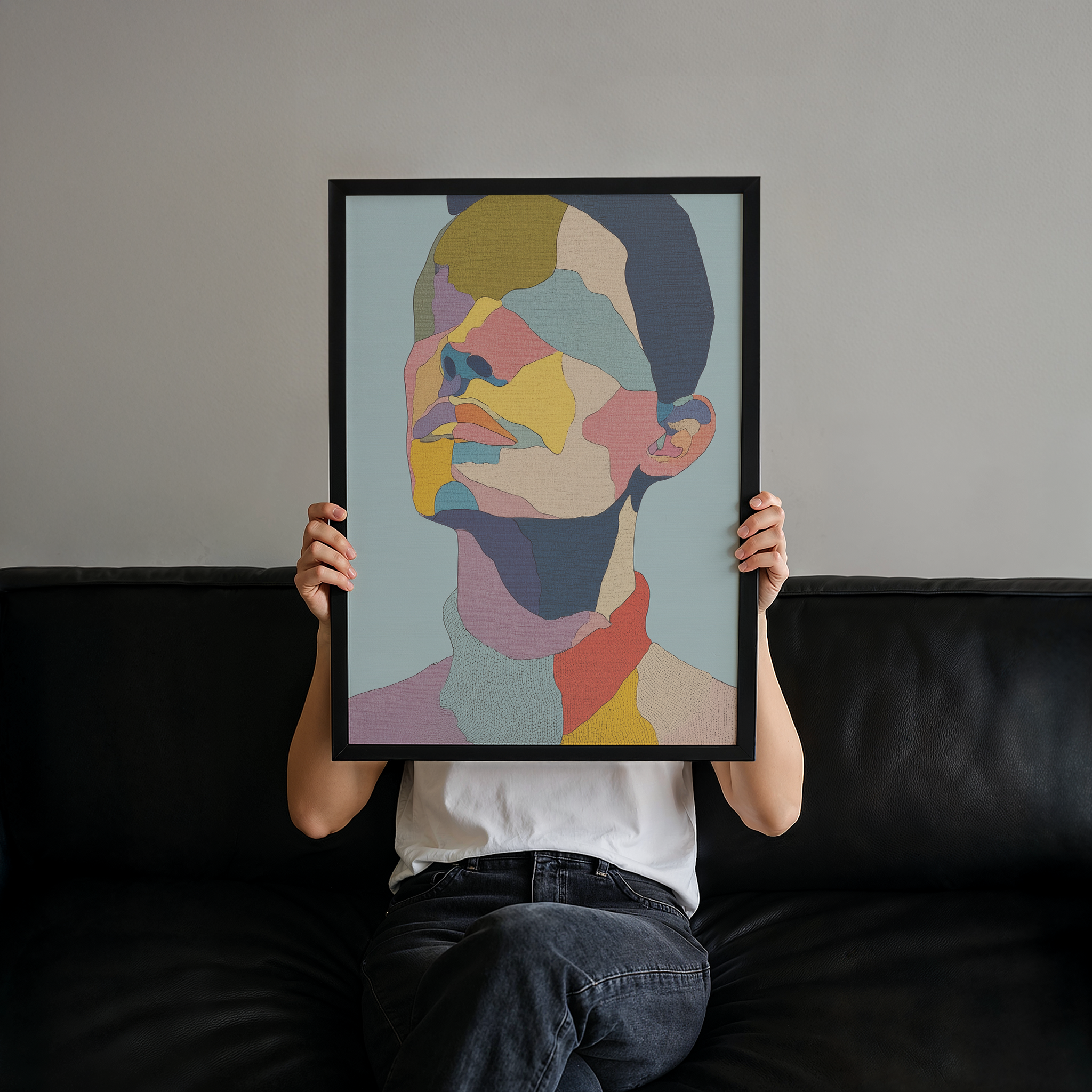 יצירה ממוסגרת Vérin בצבעים מופשטים על רקע תכלת – Trausi+Tosh