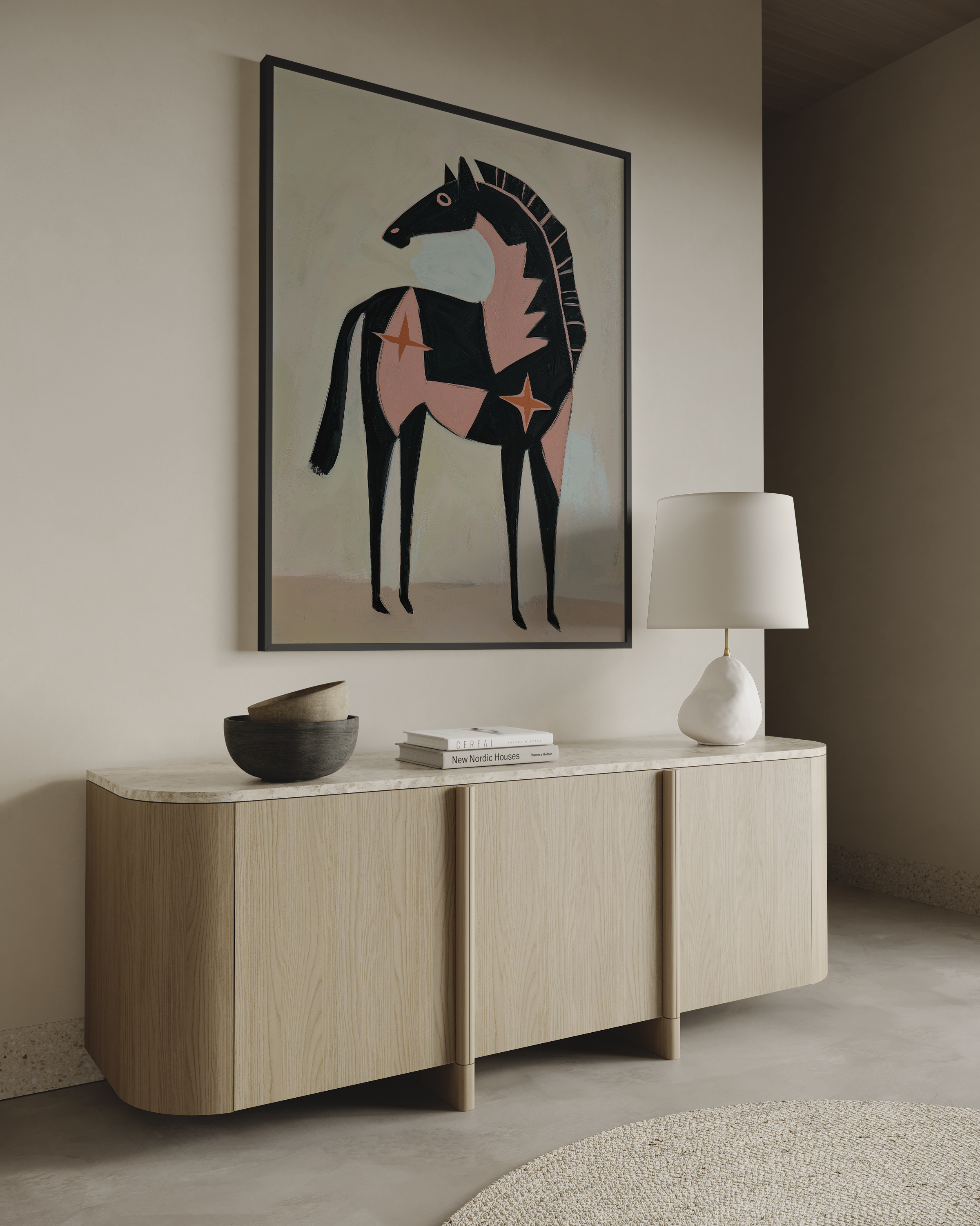 איור אמנותי מינימליסטי של סוס בגווני שחור ורוד וחמרה, יצירה Ver של Trausi & Tosh