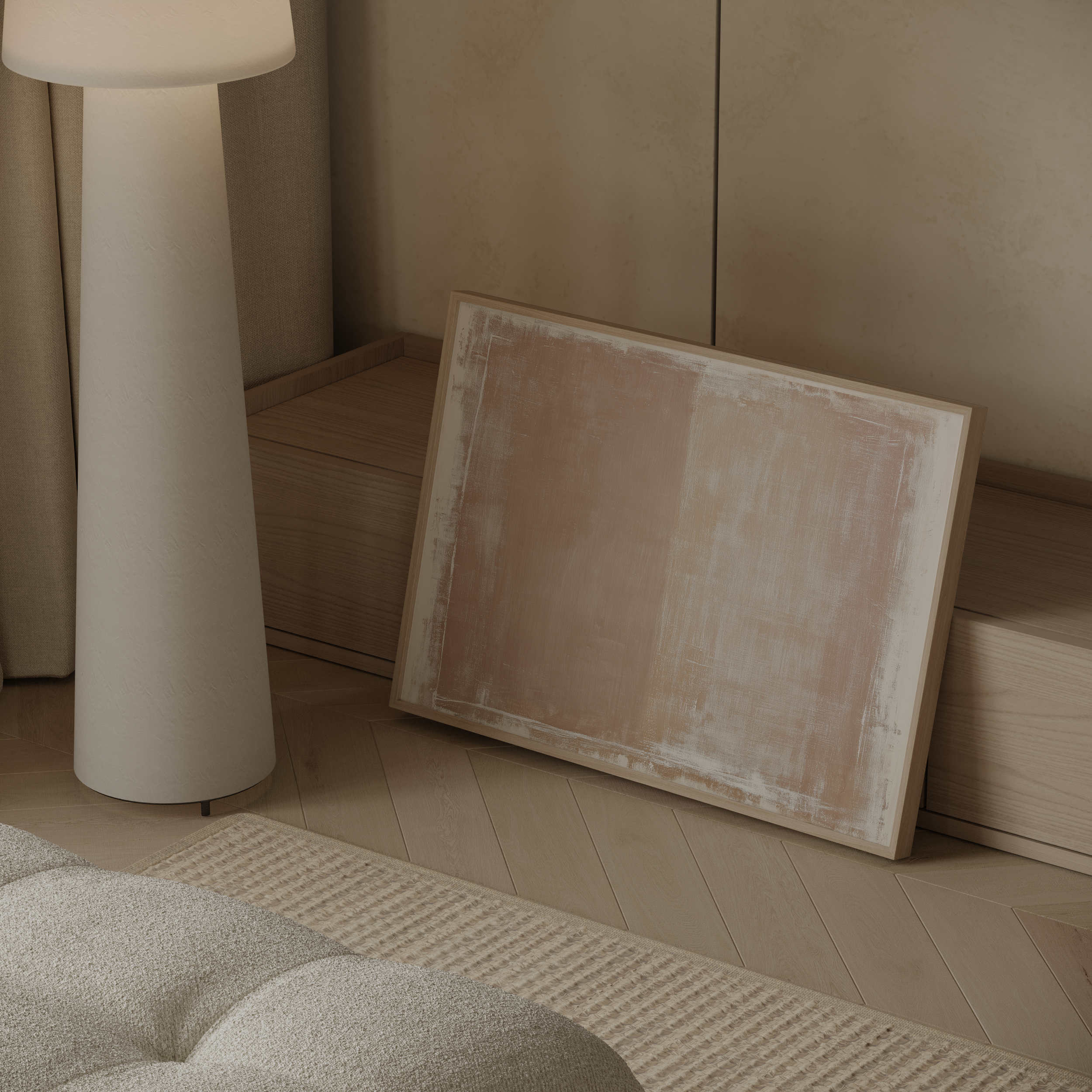 יצירת אמנות מינימליסטית בשני גווני בז’ עם טקסטורה עדינה במסגרת עץ בהירה