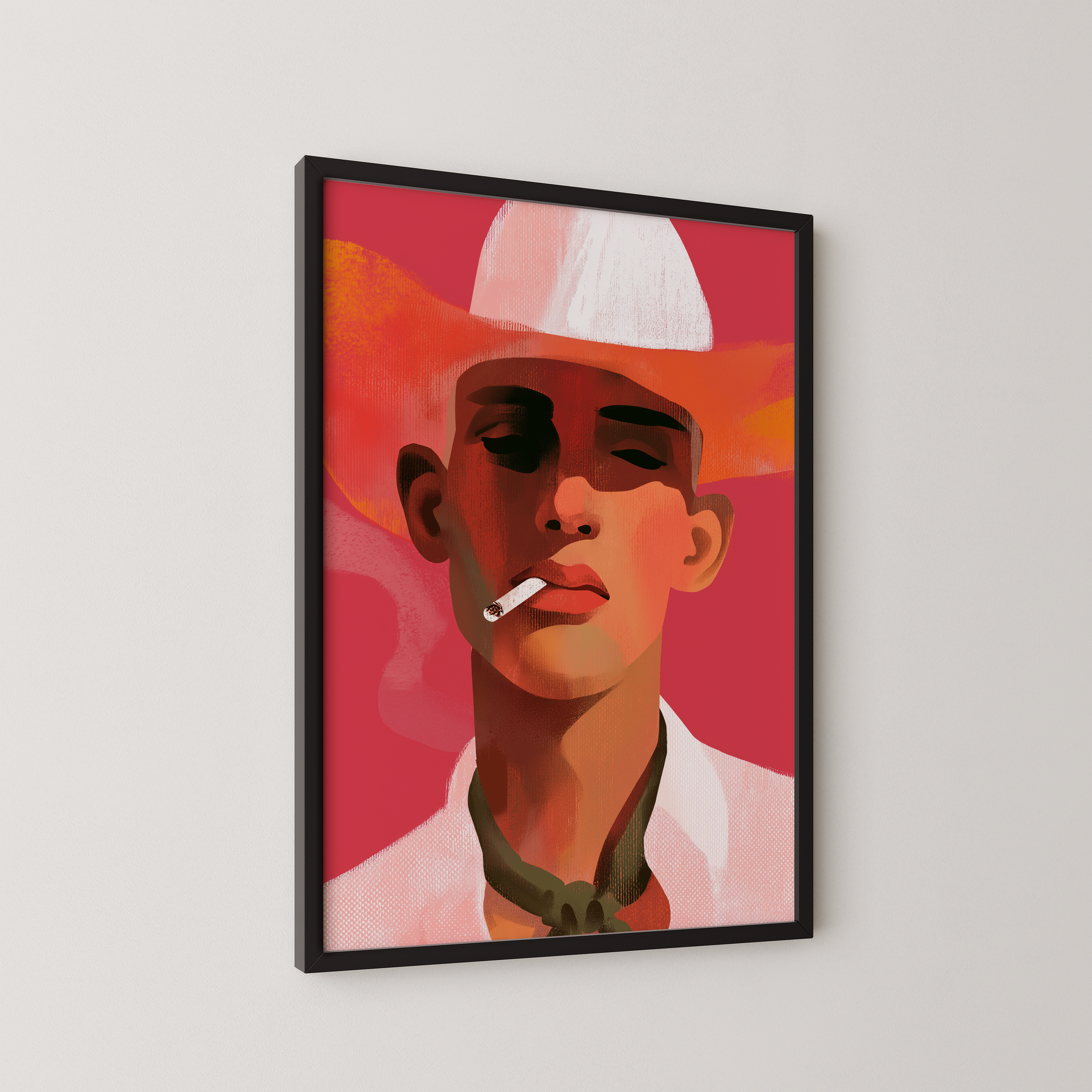 דיוקן אמנותי של דמות גברית עם כובע רחב, צבעוניות חמה בגווני אדום וניוד, סגנון מודרני עם נוכחות שקטה, יצירת אמנות לקיר מאת Trausi+Tosh