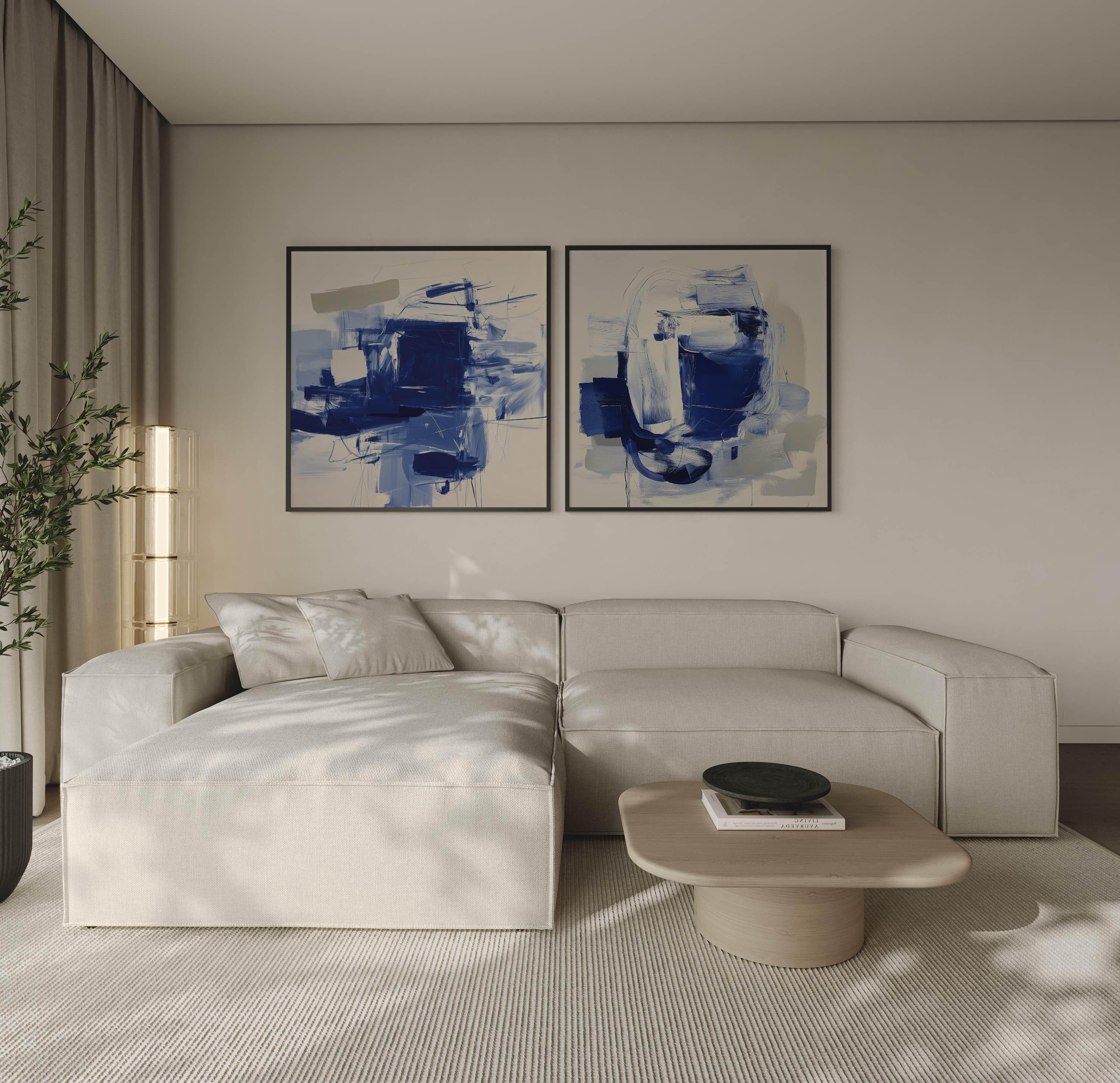 סט שתי יצירות אמנות ממוסגרות בגווני כחול עמוק, אפור ושמנת עם משיכות מכחול מופשטות בסגנון מודרני