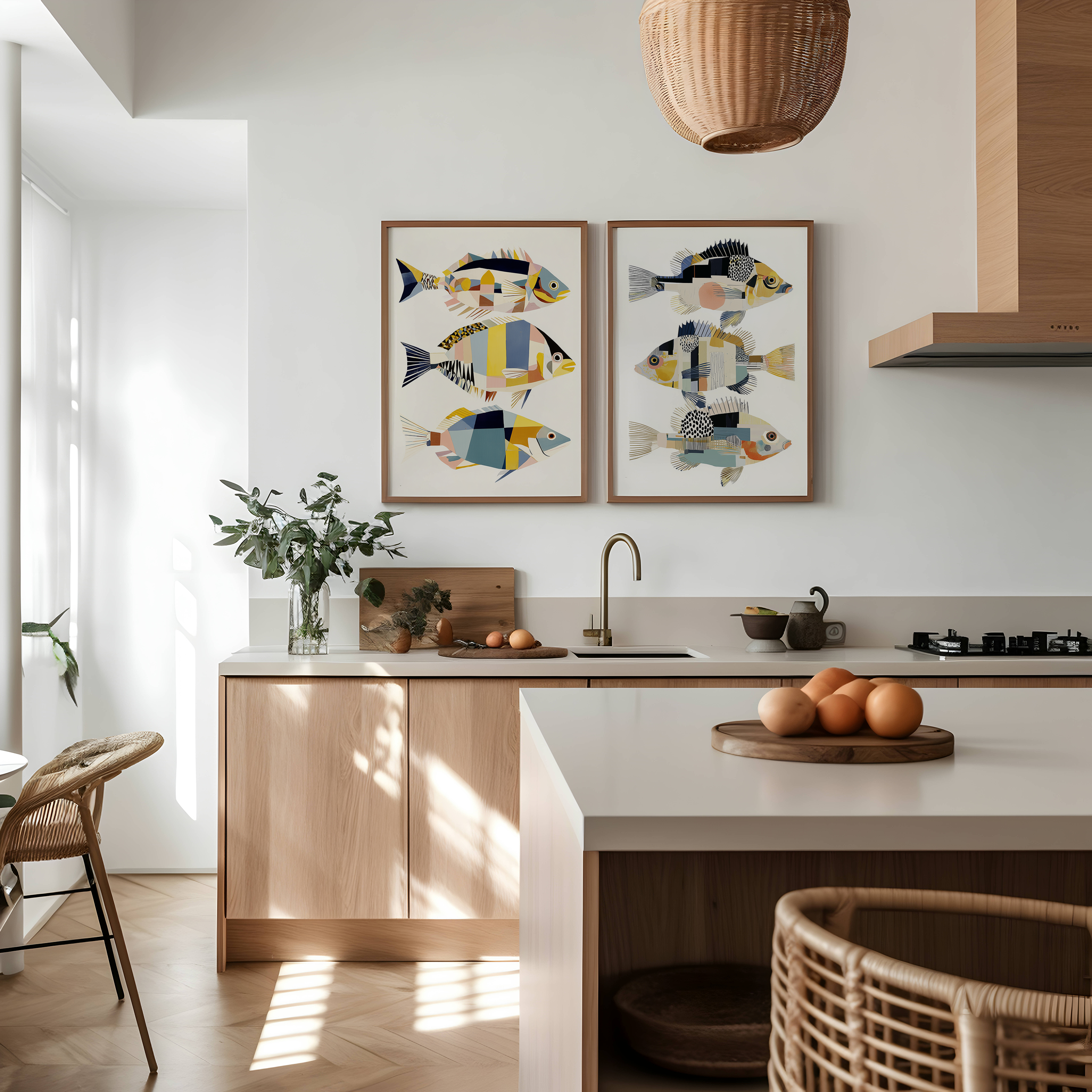 יצירה אמנותית בהשראה ימית עם דגים גאומטריים בצבעים רכים, ממוסגרת במסגרת עץ, תלויה על קיר בהיר