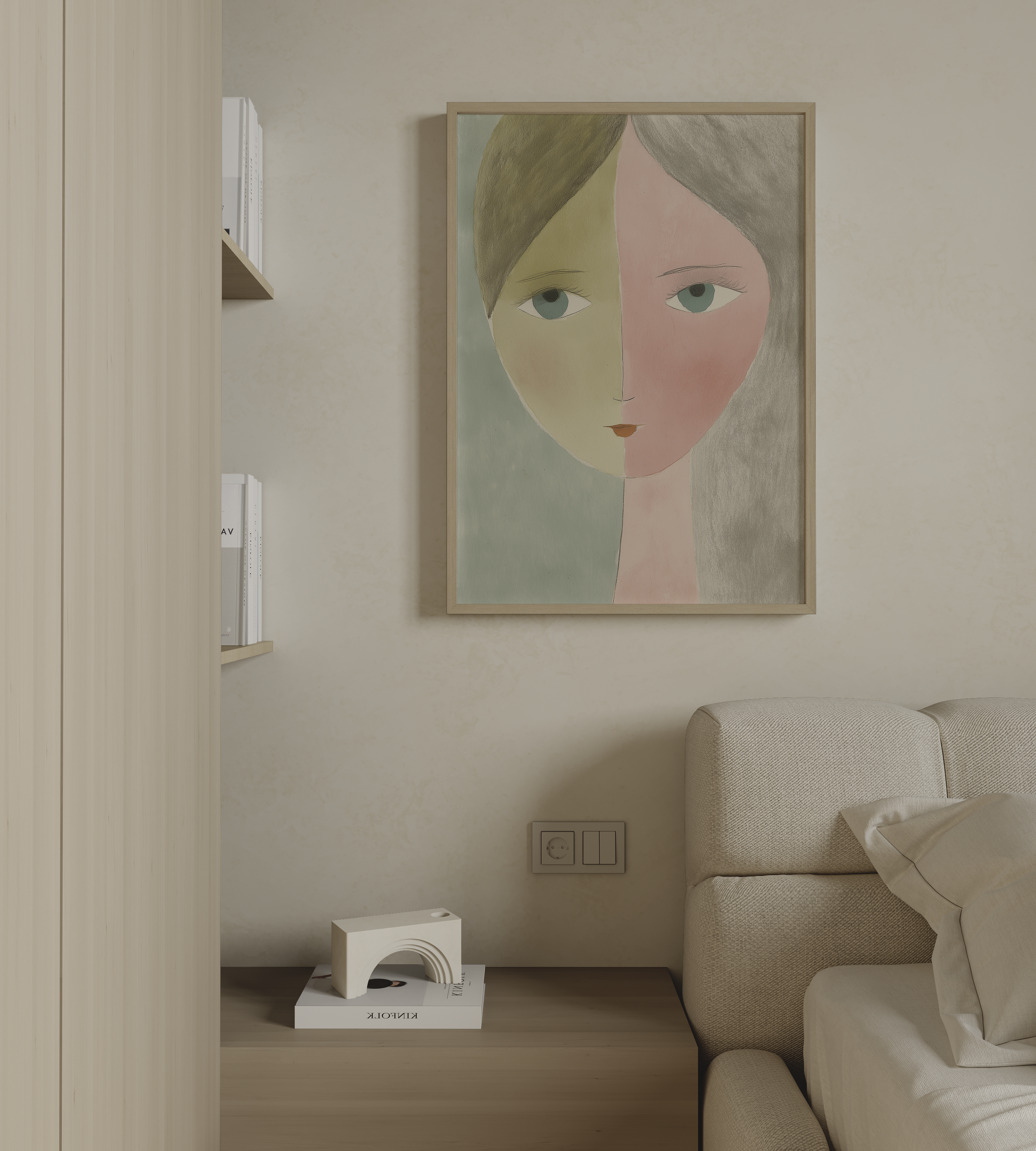 יצירת אמנות ממוסגרת Claret – דמות נשית מאוירת בקווים רכים ובפלטת צבעים רגועה, בסגנון מינימליסטי עם עומק רגשי