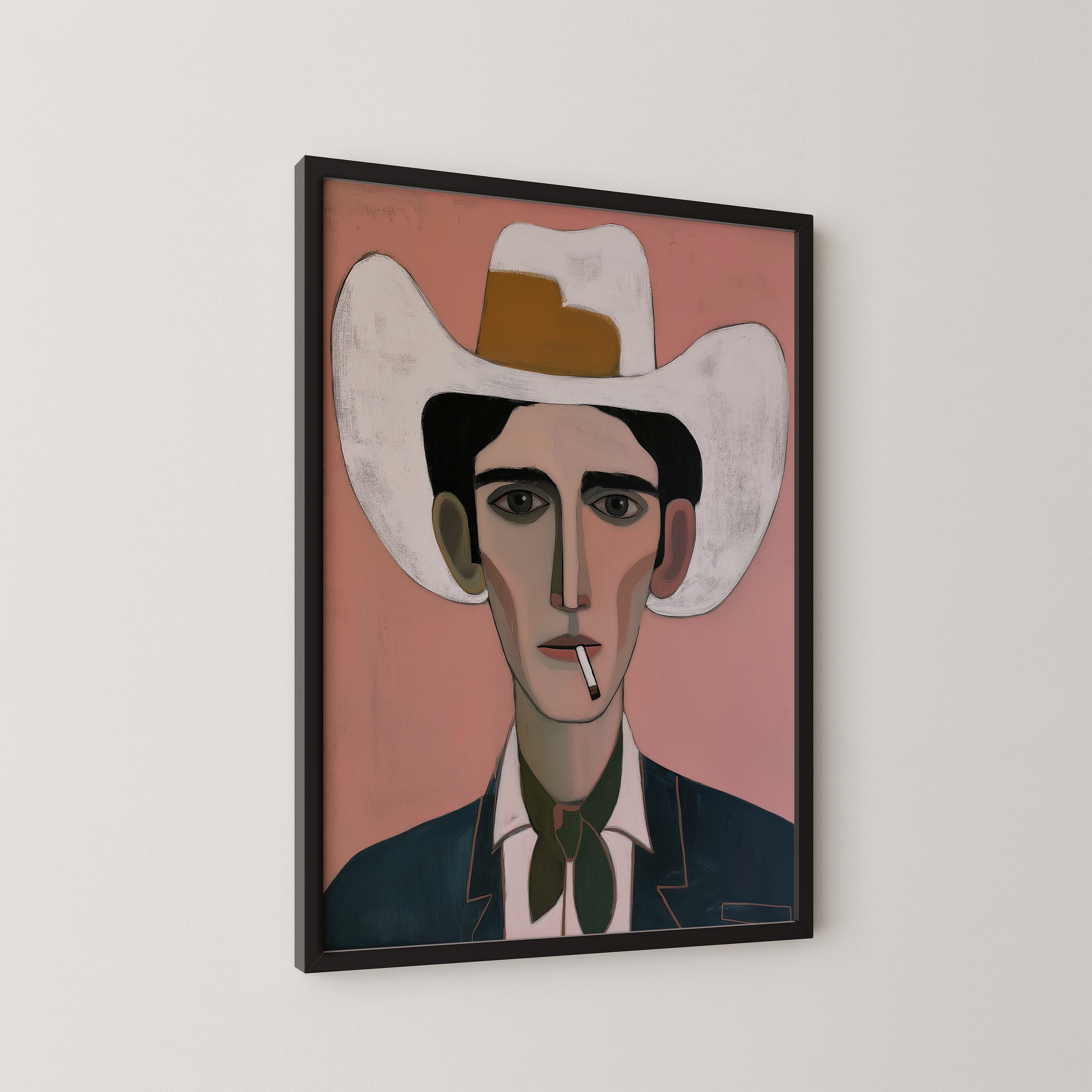 יצירה אמנותית עם דמות גברית מאוירת, כובע רחב, צבעי ורוד וירוק, סגנון מודרני מינימליסטי