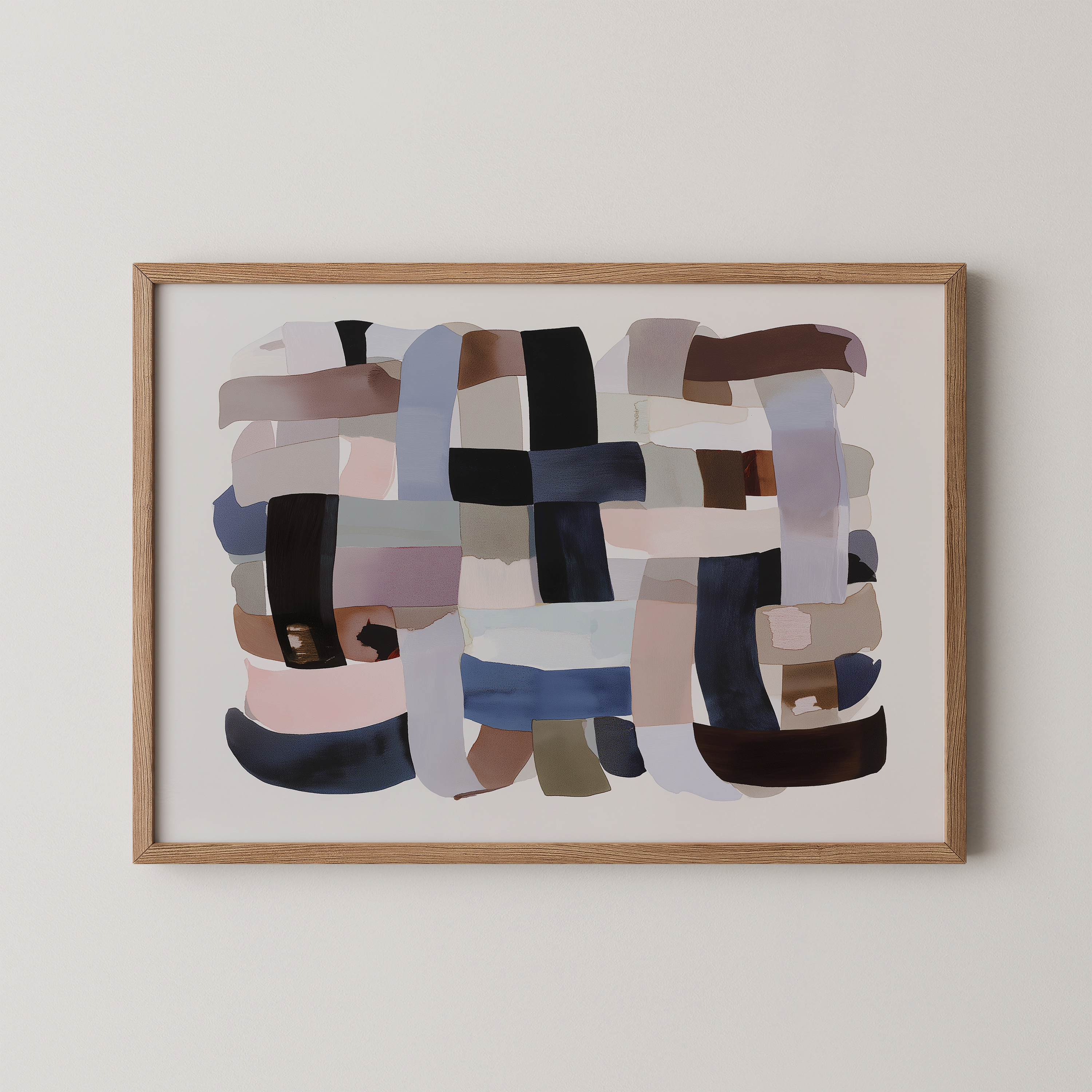 יצירת אמנות מופשטת בשם RAVENO עם משיכות צבע רחבות בגווני כחול, ורוד, חום ושחור בסגנון מודרני.