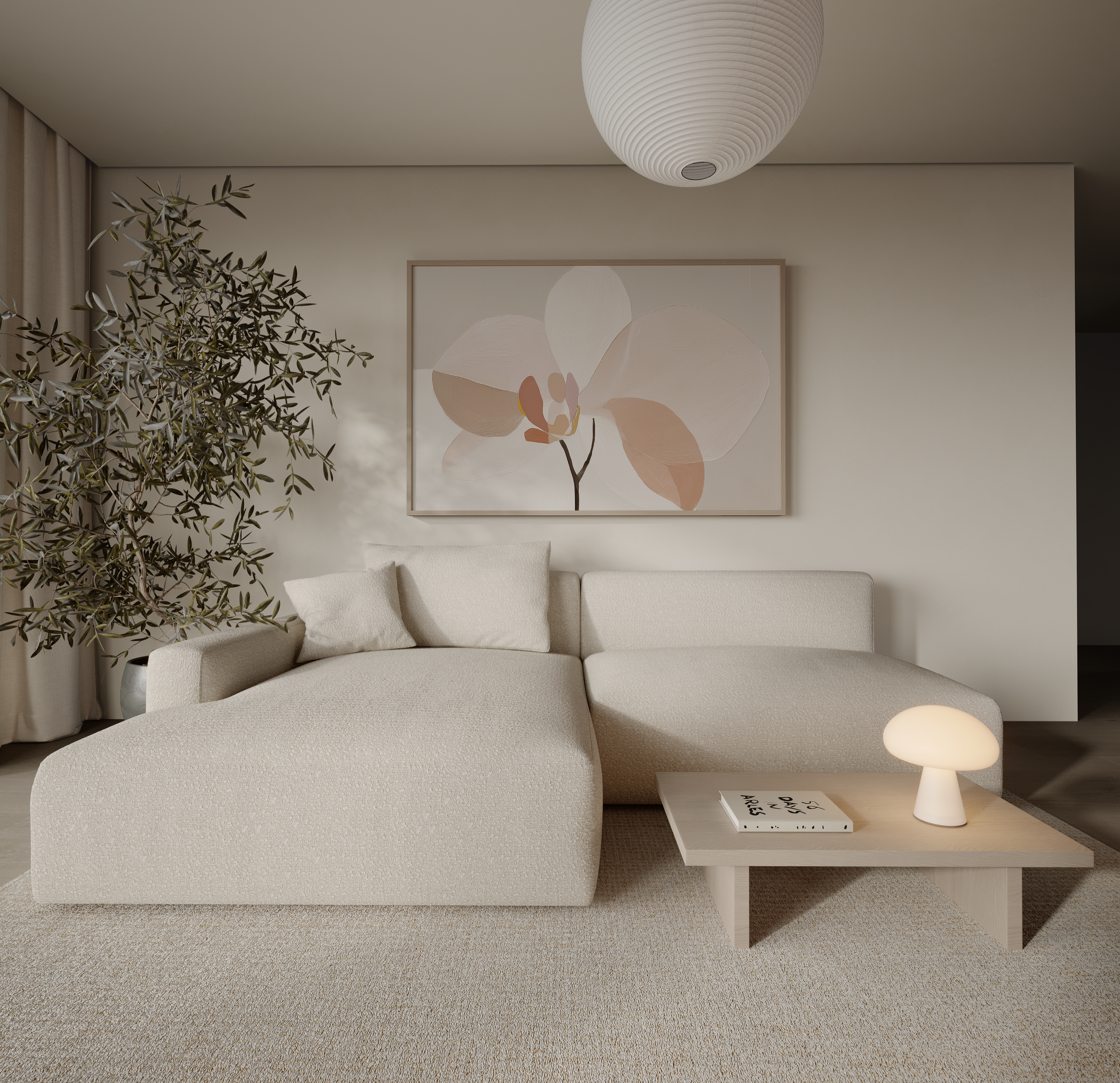 יצירת אמנות מינימליסטית של פרח בגווני בז’ ושמנת במסגרת עץ