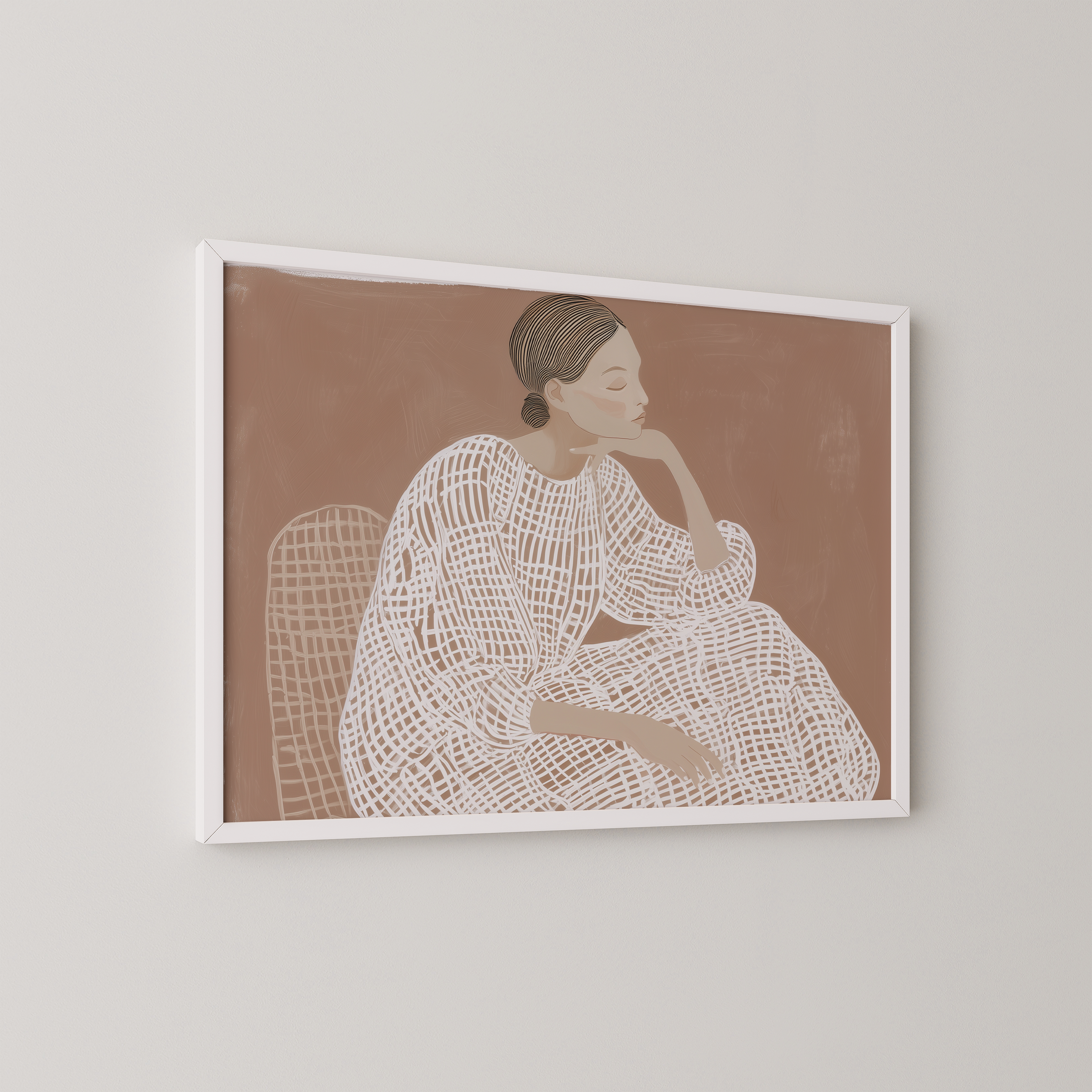 ציור מינימליסטי של דמות נשית יושבת על רקע חום, בקווים לבנים ידניים – Olnari
